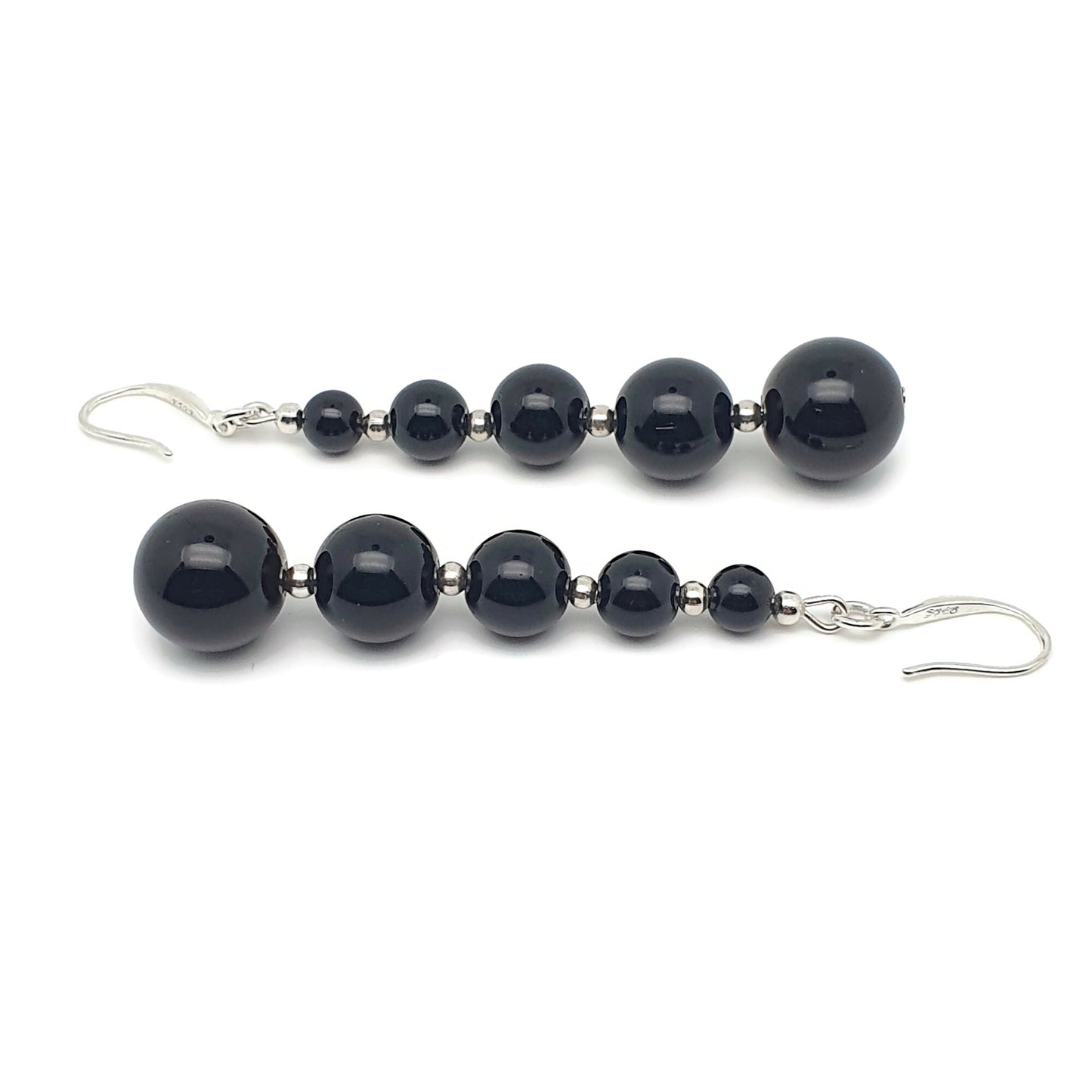 Black Agate Beaded Graduated Long Dangle Drop Boho Earrings