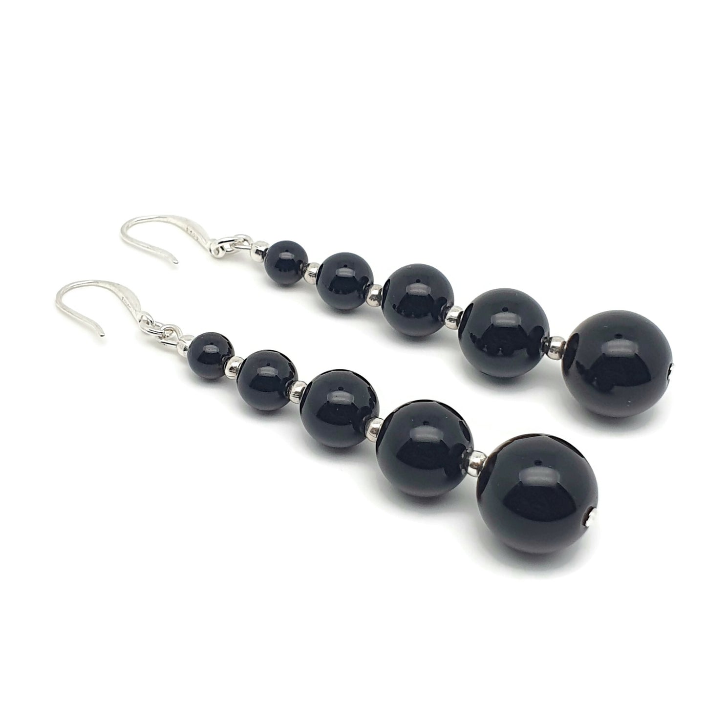 Black Agate Beaded Graduated Long Dangle Drop Boho Earrings