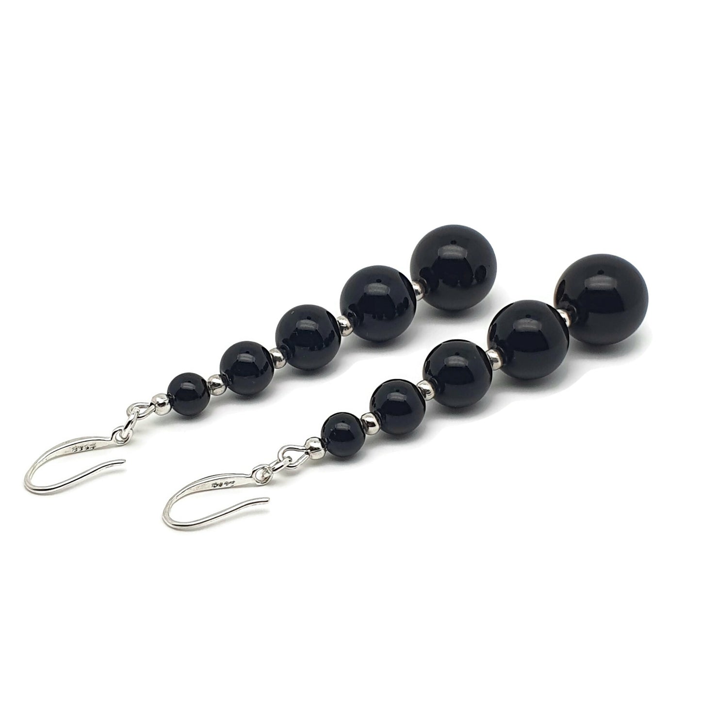 Black Agate Beaded Graduated Long Dangle Drop Boho Earrings