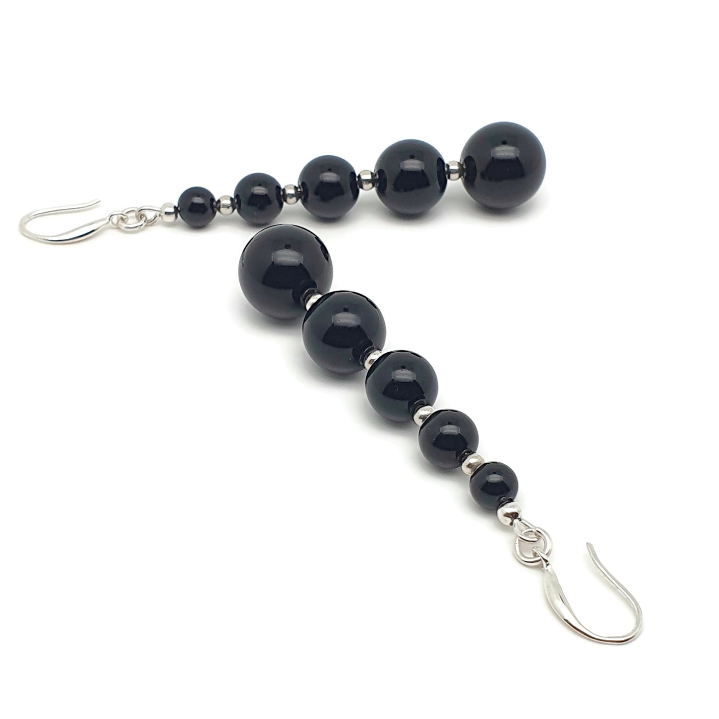 Black Agate Beaded Graduated Long Dangle Drop Boho Earrings