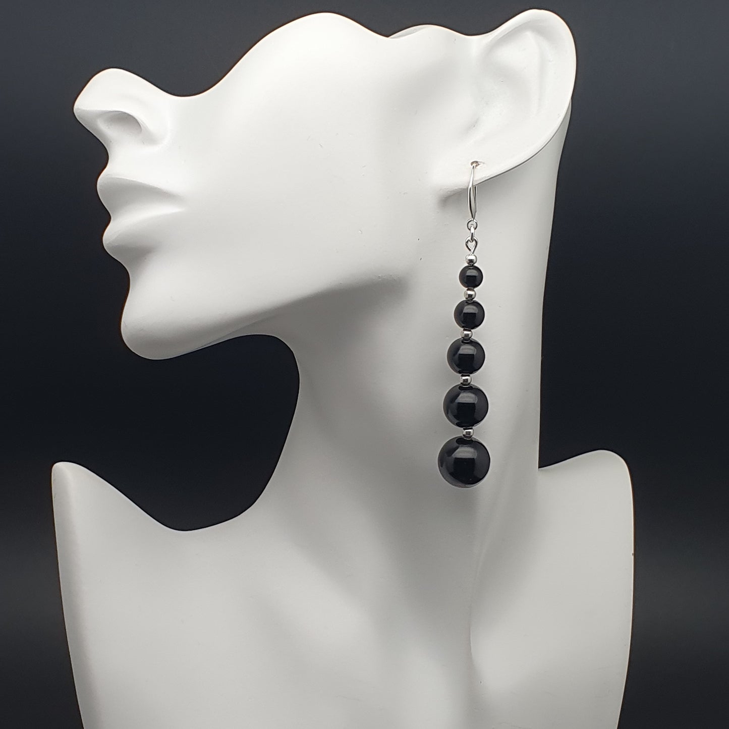 Black Agate Beaded Graduated Long Dangle Drop Boho Earrings