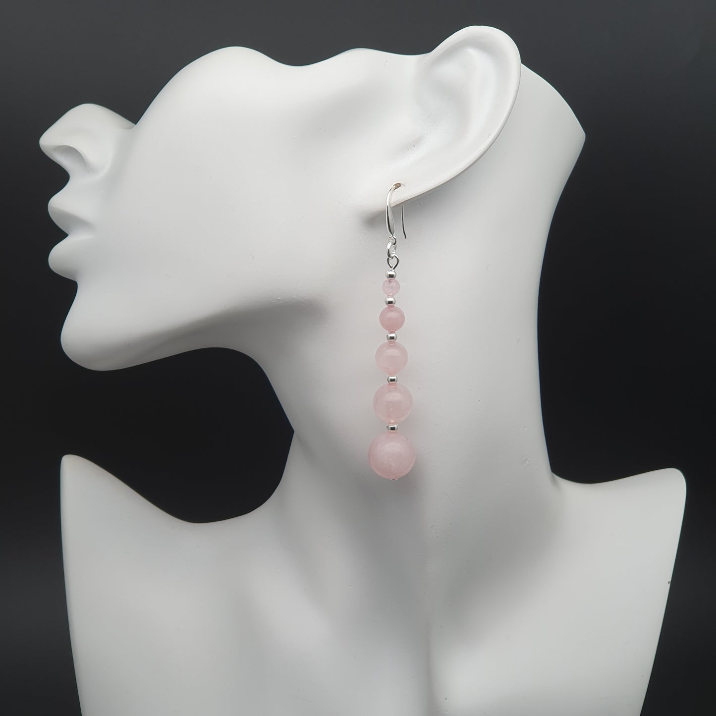 Pink Rose Quartz Beaded Graduated Earrings Long Dangle Drop