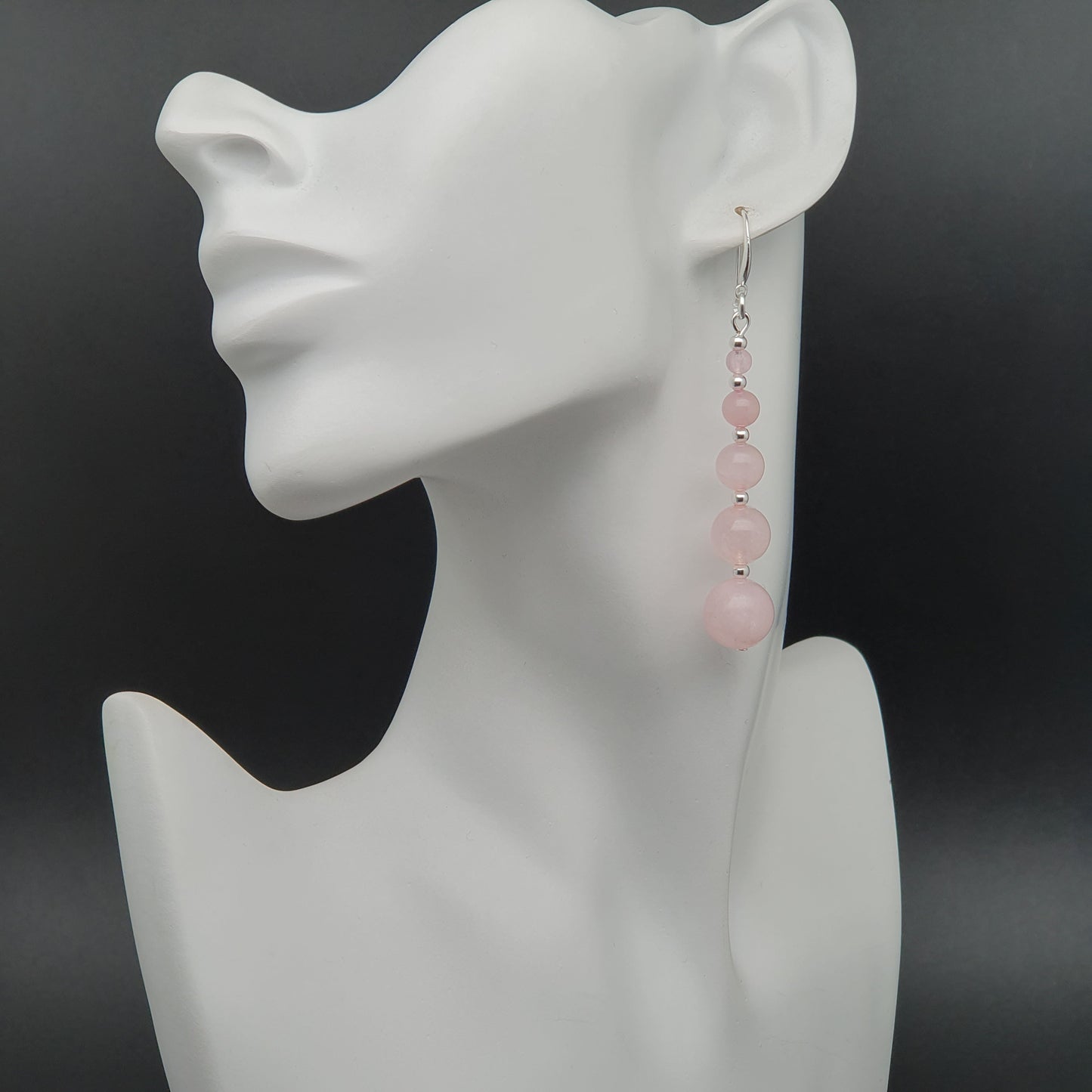 Pink Rose Quartz Beaded Graduated Earrings Long Dangle Drop