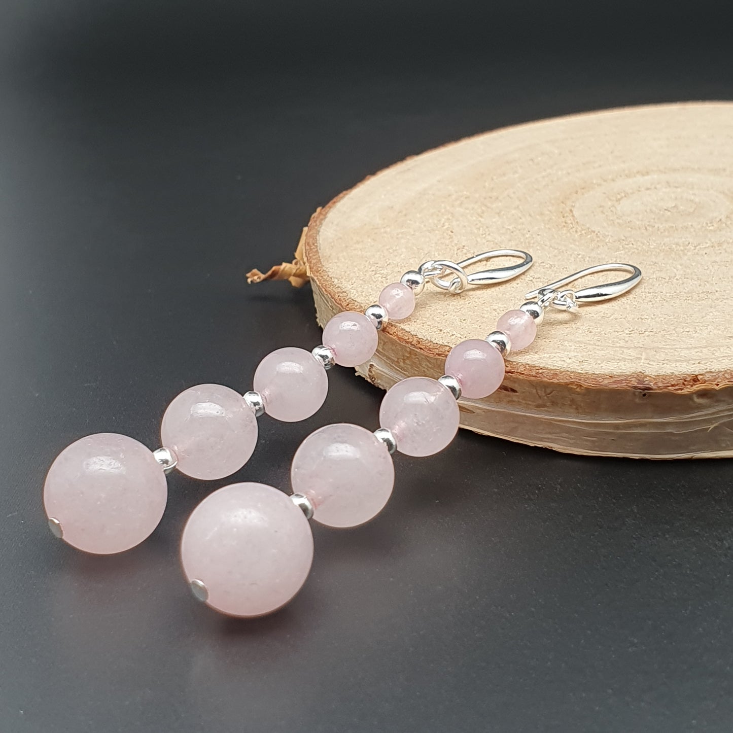 Pink Rose Quartz Beaded Graduated Earrings Long Dangle Drop