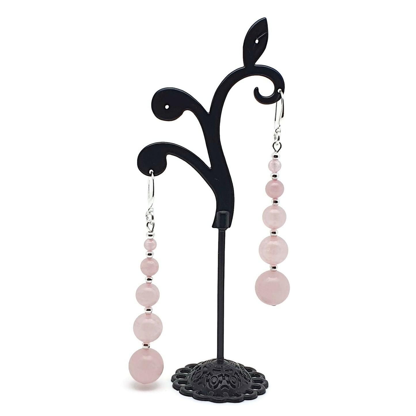 Pink Rose Quartz Beaded Graduated Earrings Long Dangle Drop