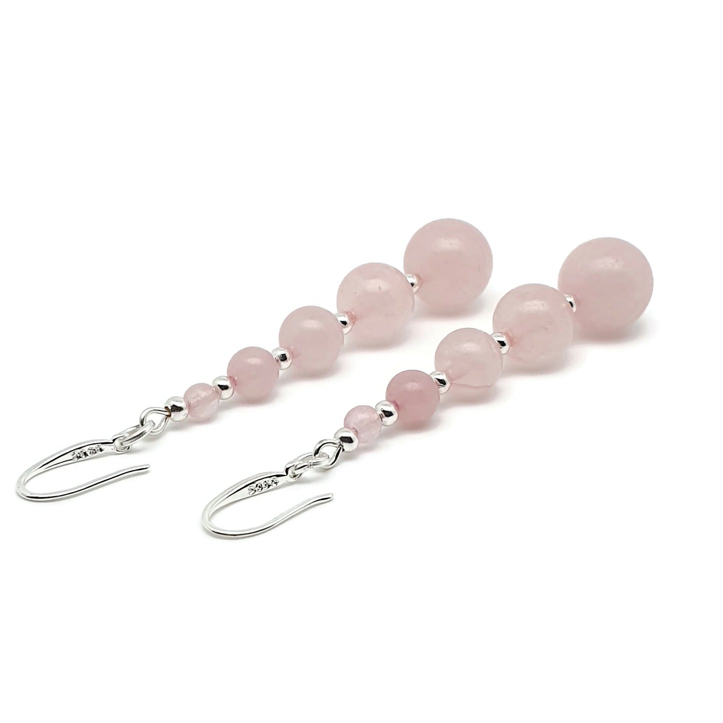 Pink Rose Quartz Beaded Graduated Earrings Long Dangle Drop