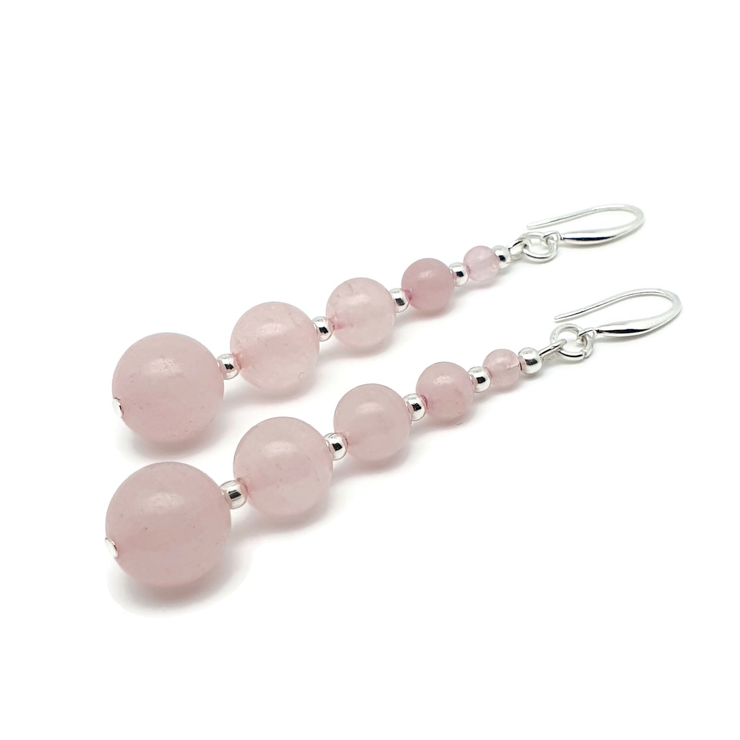 Pink Rose Quartz Beaded Graduated Earrings Long Dangle Drop