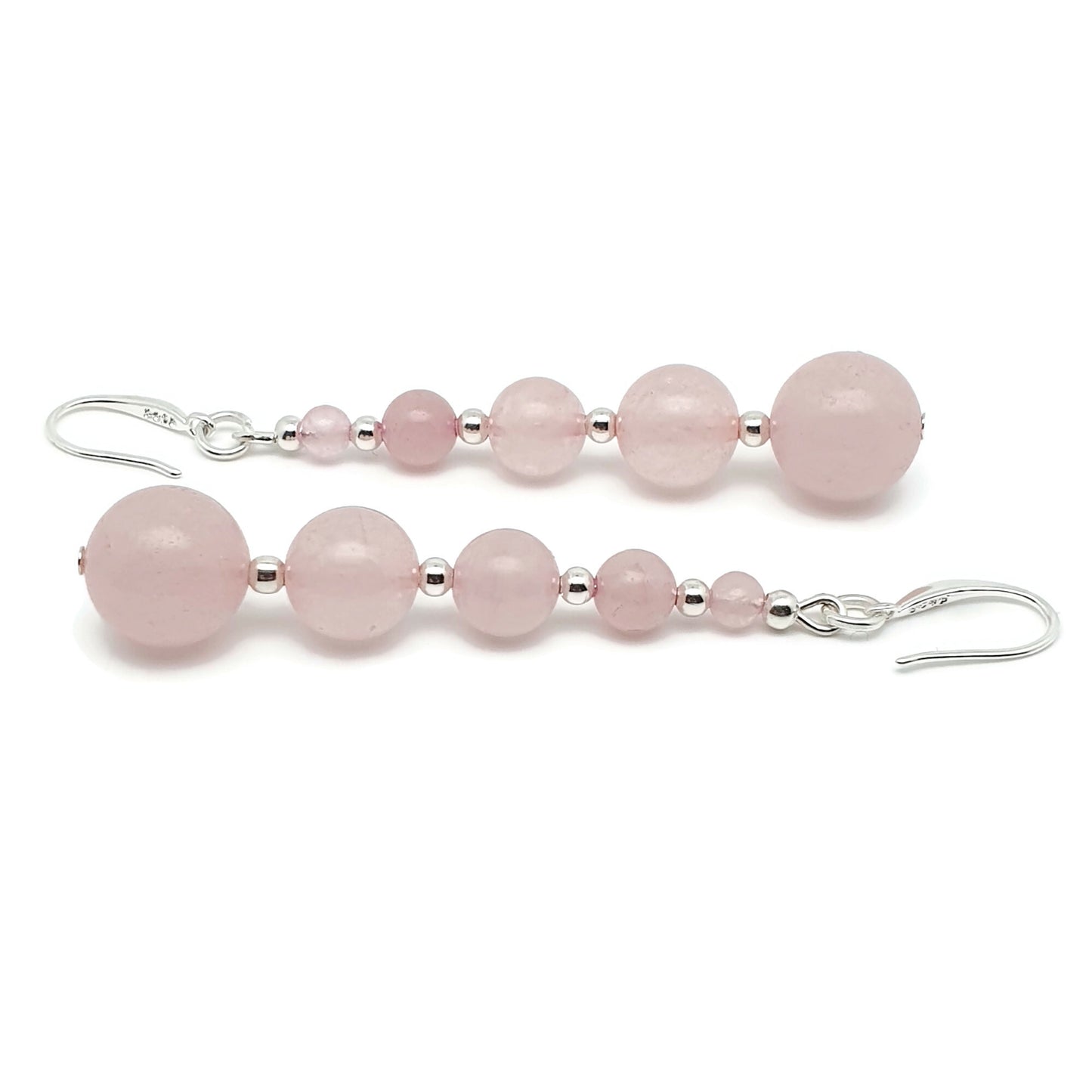 Pink Rose Quartz Beaded Graduated Earrings Long Dangle Drop