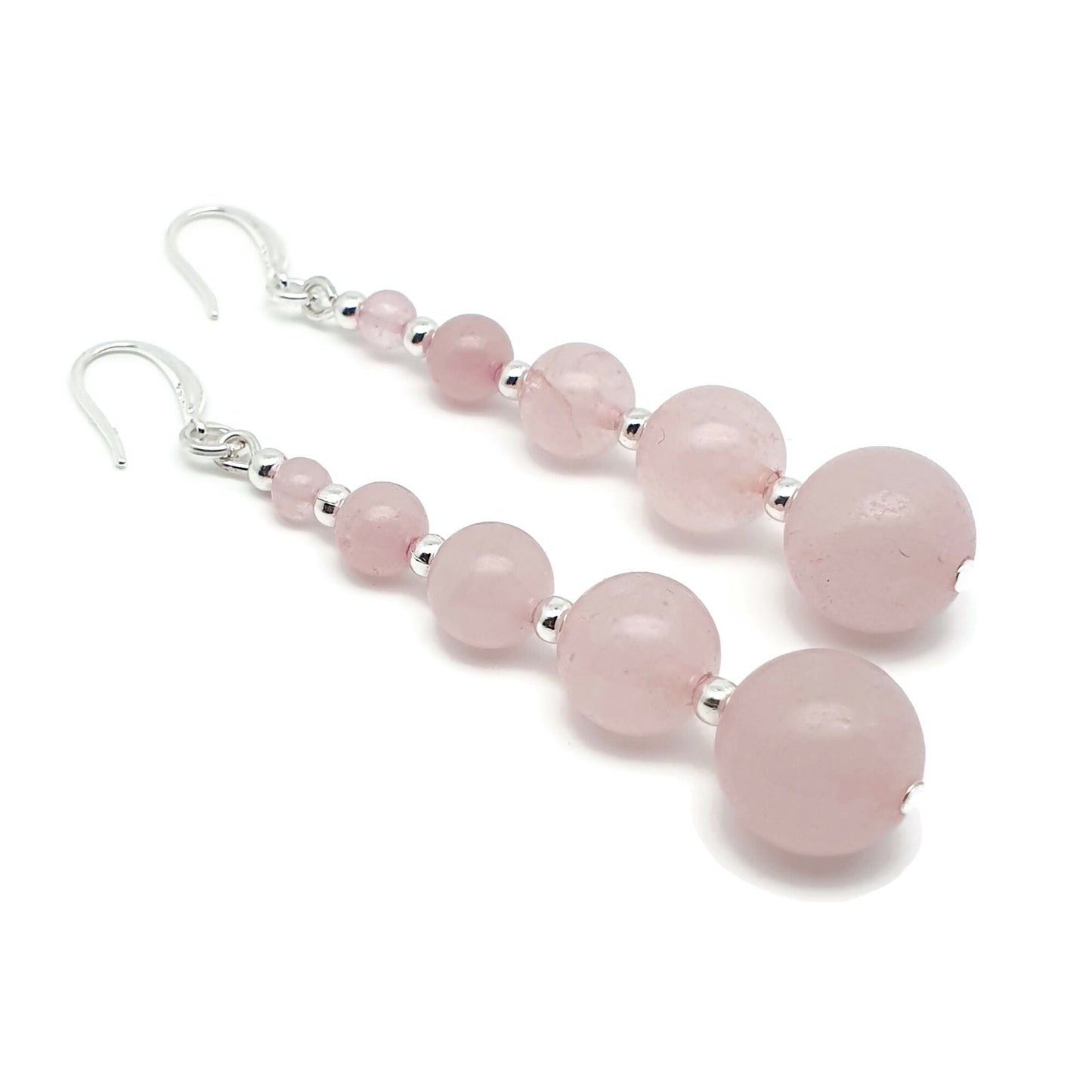 Pink Rose Quartz Beaded Graduated Earrings Long Dangle Drop