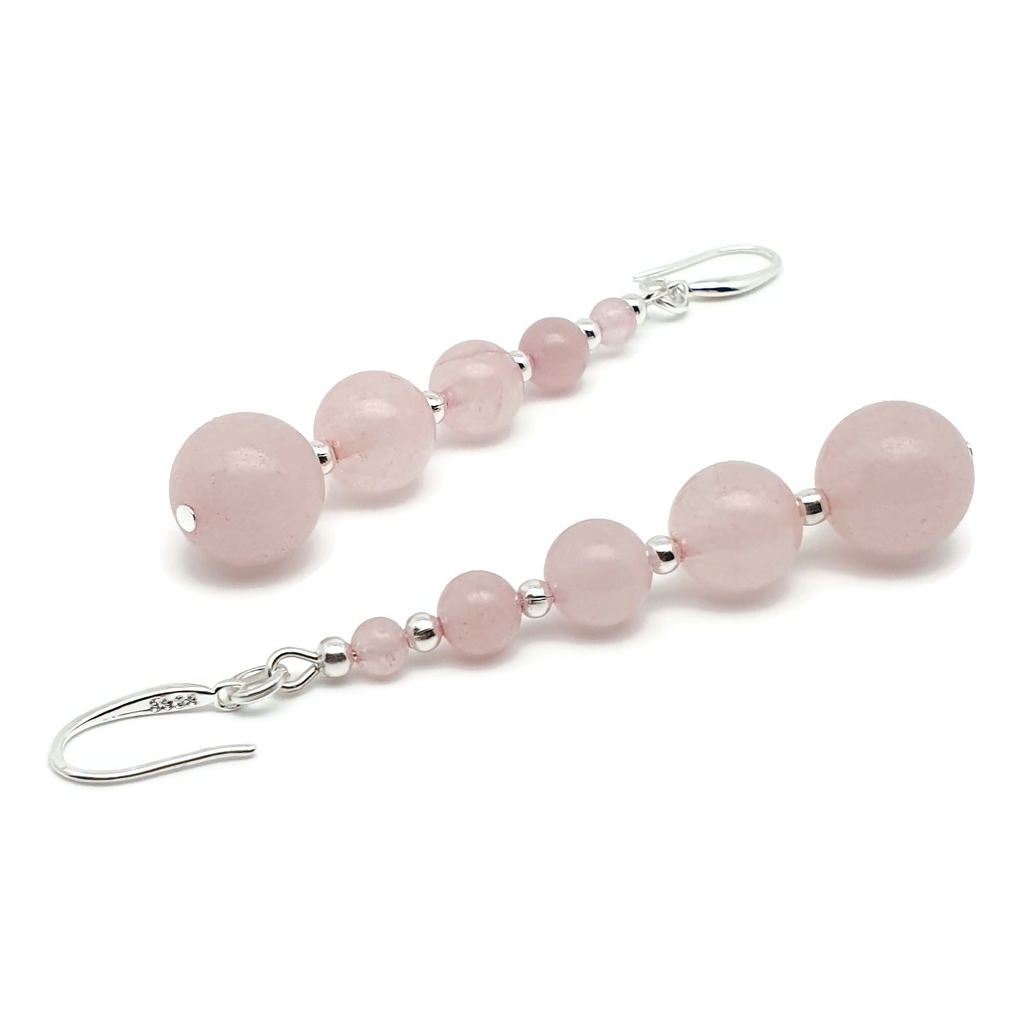 Pink Rose Quartz Beaded Graduated Earrings Long Dangle Drop