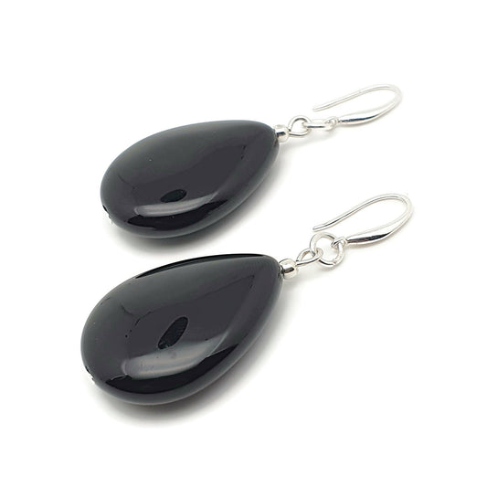 Black Agate Chunky Teardrop Dangle Drop Boho Earrings