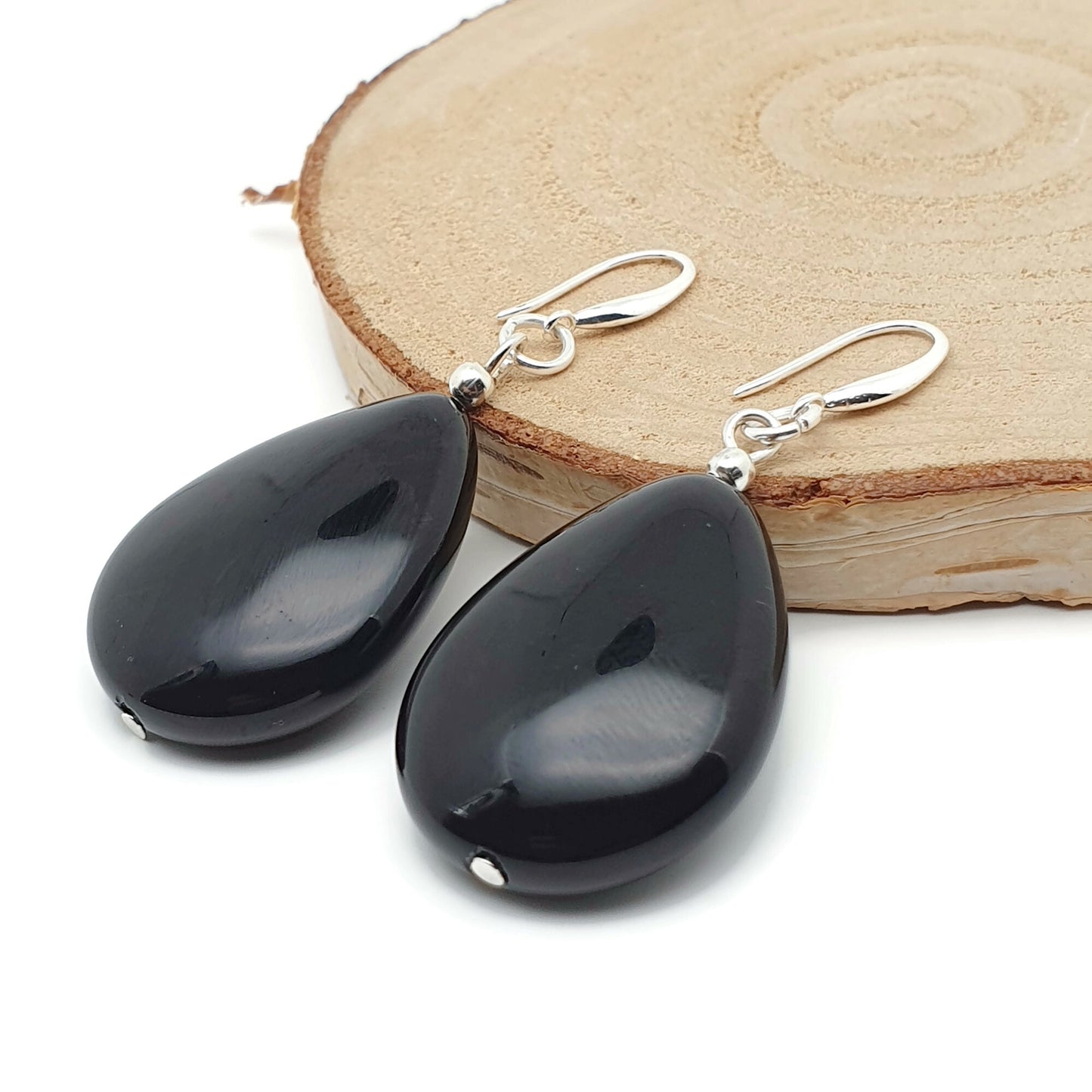 Black Agate Chunky Teardrop Dangle Drop Boho Earrings