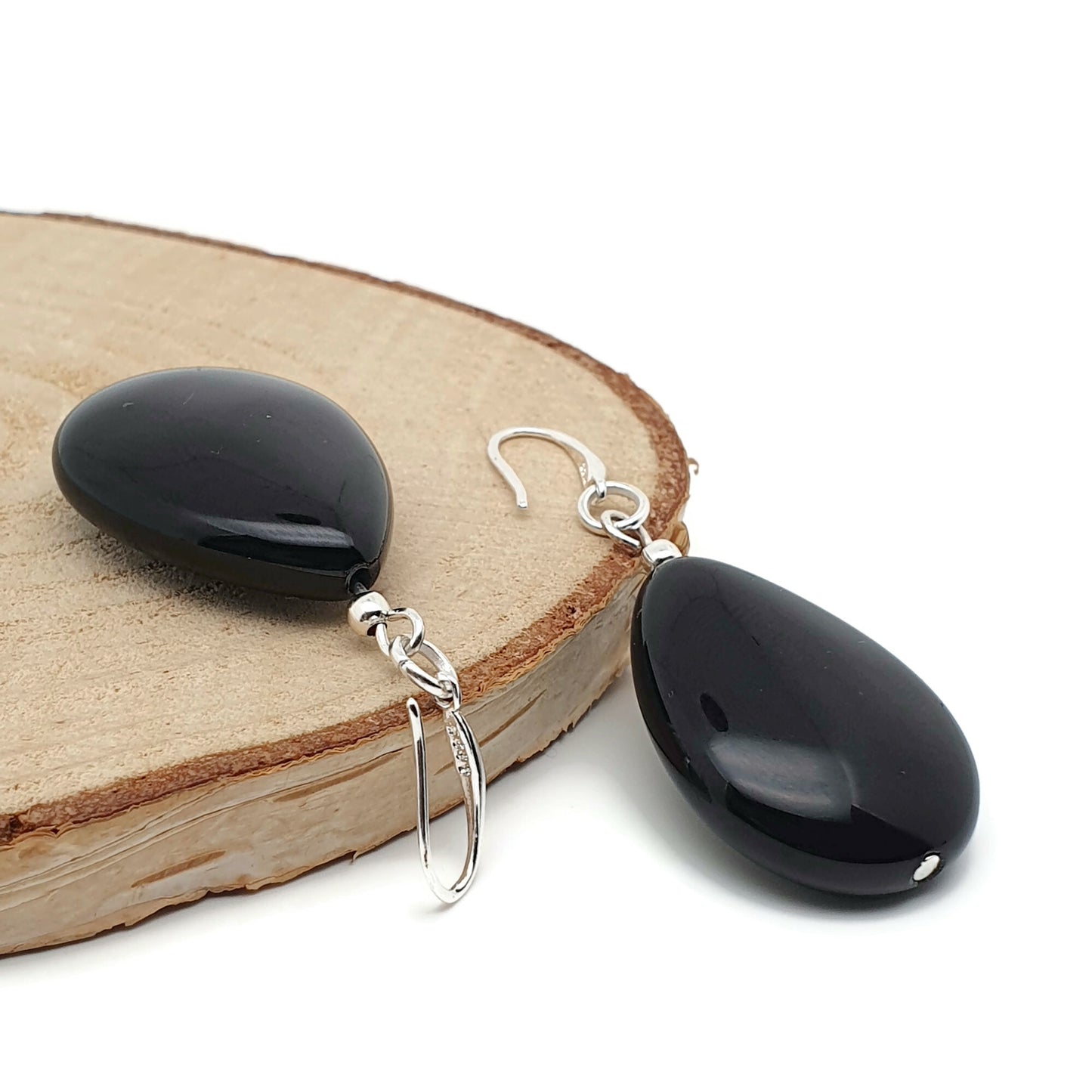 Black Agate Chunky Teardrop Dangle Drop Boho Earrings