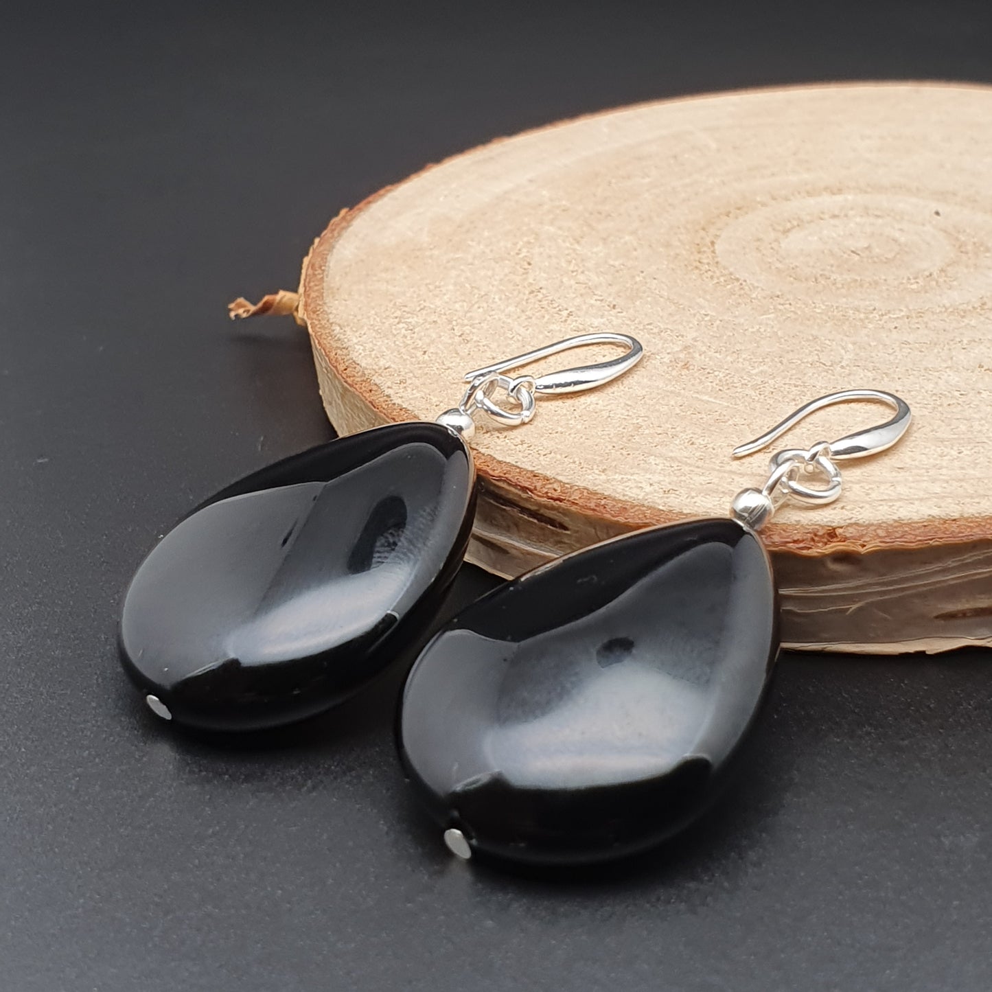 Black Agate Chunky Teardrop Dangle Drop Boho Earrings