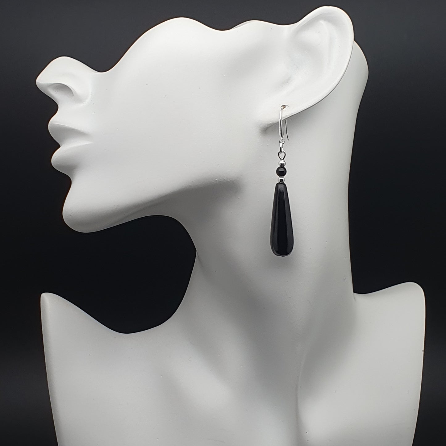 Black Agate Slim Teardrop Dangle Drop Boho Earrings