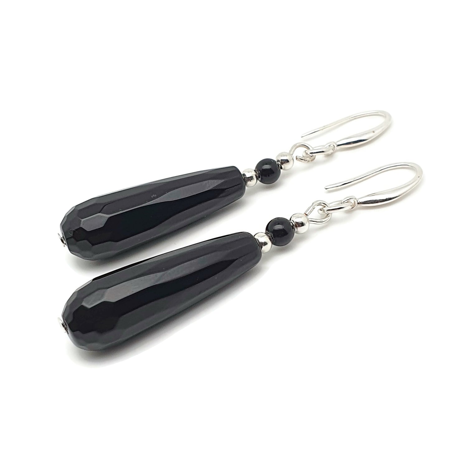 Black Agate Slim Teardrop Dangle Drop Boho Earrings