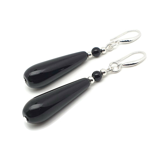 Black Agate Slim Teardrop Dangle Drop Boho Earrings