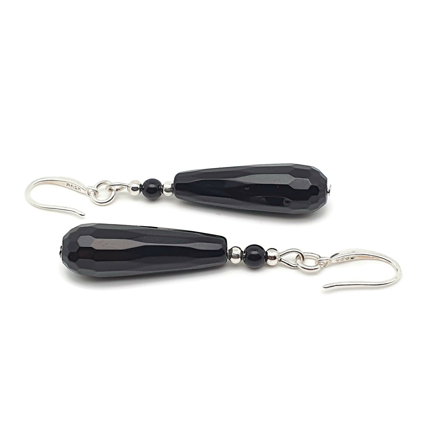 Black Agate Slim Teardrop Dangle Drop Boho Earrings