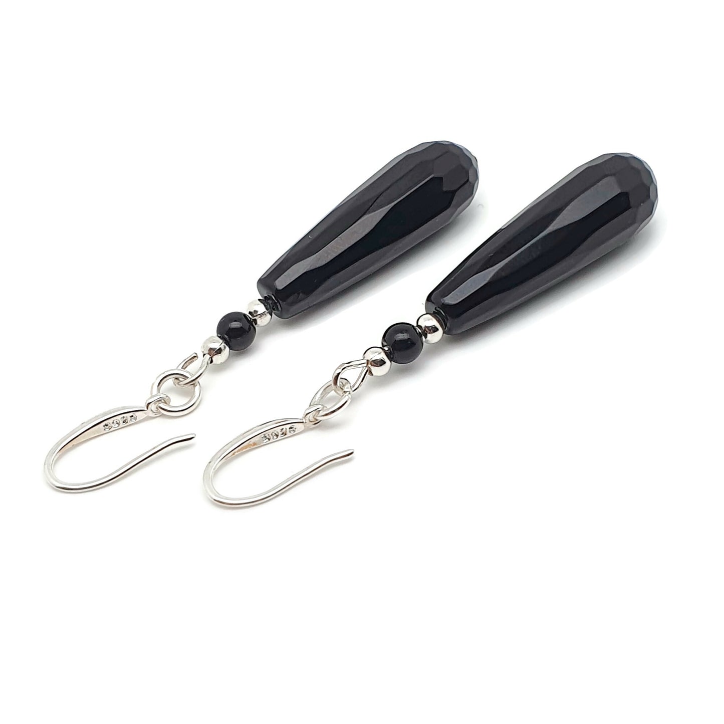 Black Agate Slim Teardrop Dangle Drop Boho Earrings