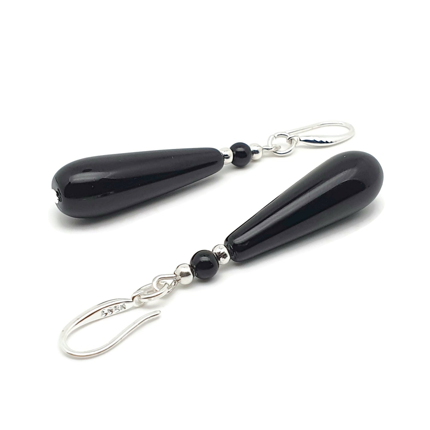 Black Agate Slim Teardrop Dangle Drop Boho Earrings