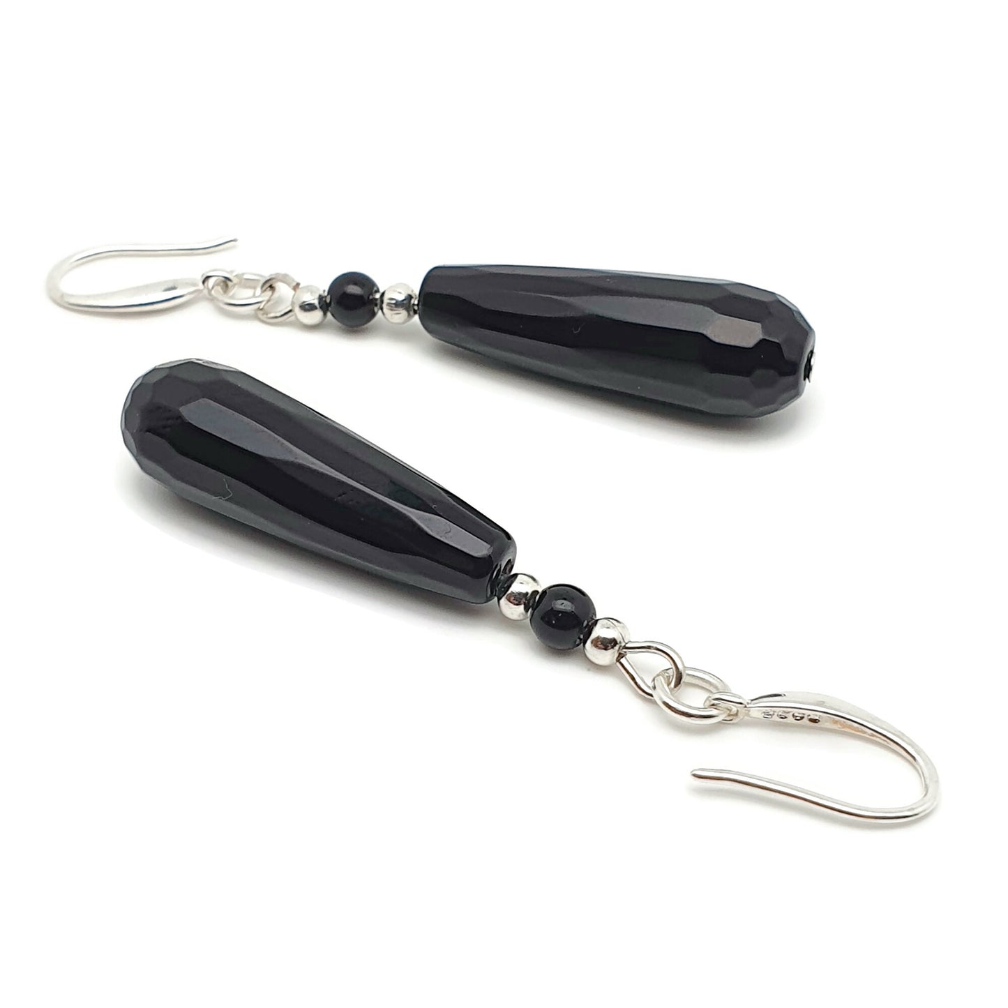 Black Agate Slim Teardrop Dangle Drop Boho Earrings