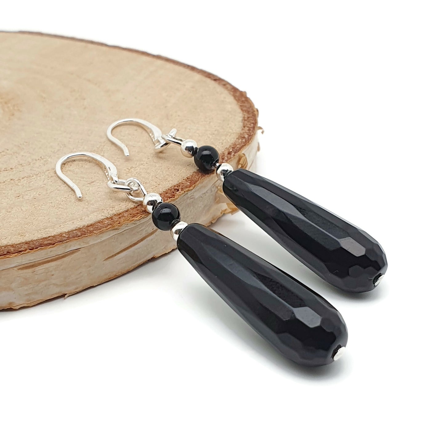 Black Agate Slim Teardrop Dangle Drop Boho Earrings