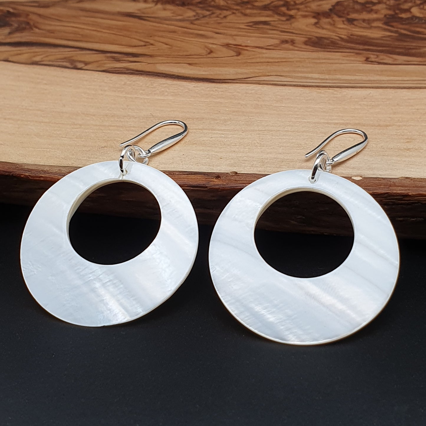 White Mother Of Pearl Hoop Earrings Long Dangle Drop