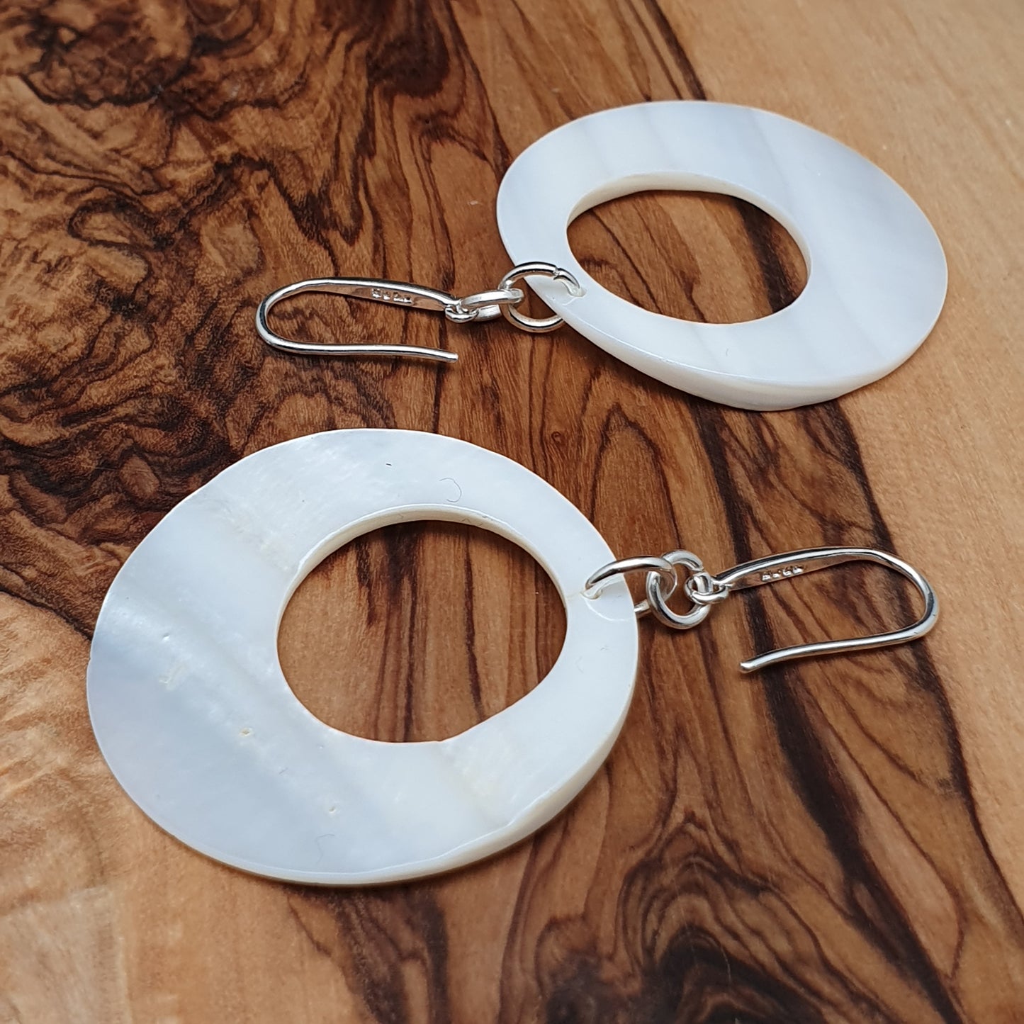 White Mother Of Pearl Hoop Earrings Long Dangle Drop