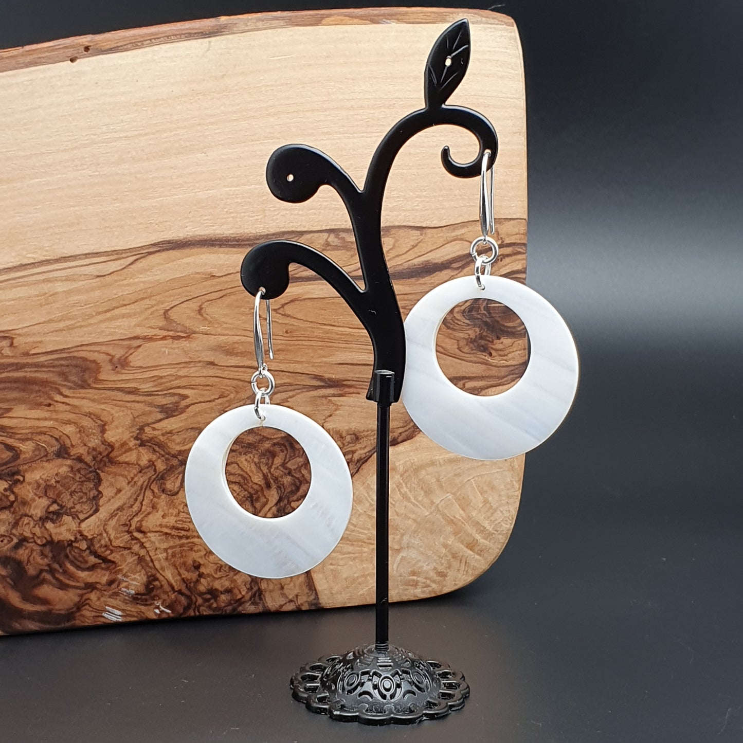 White Mother Of Pearl Hoop Earrings Long Dangle Drop