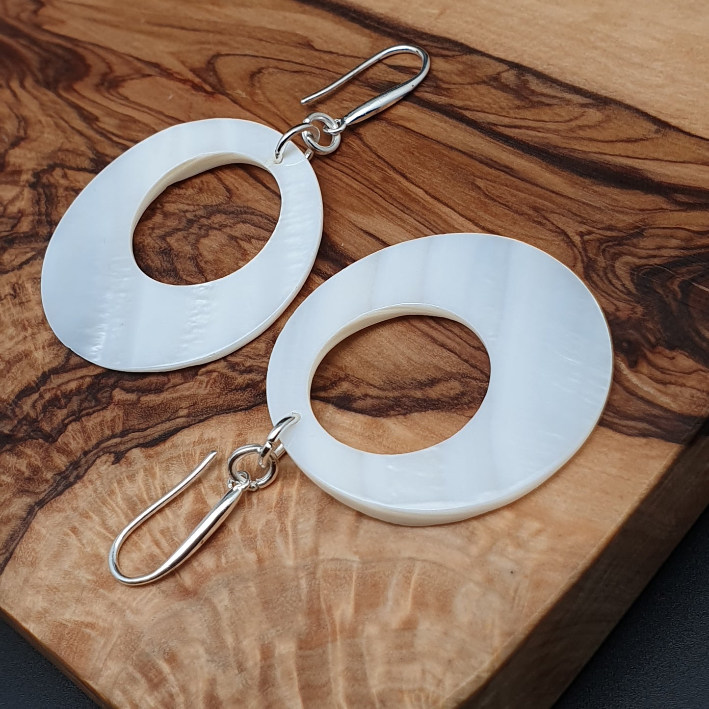 White Mother Of Pearl Hoop Earrings Long Dangle Drop