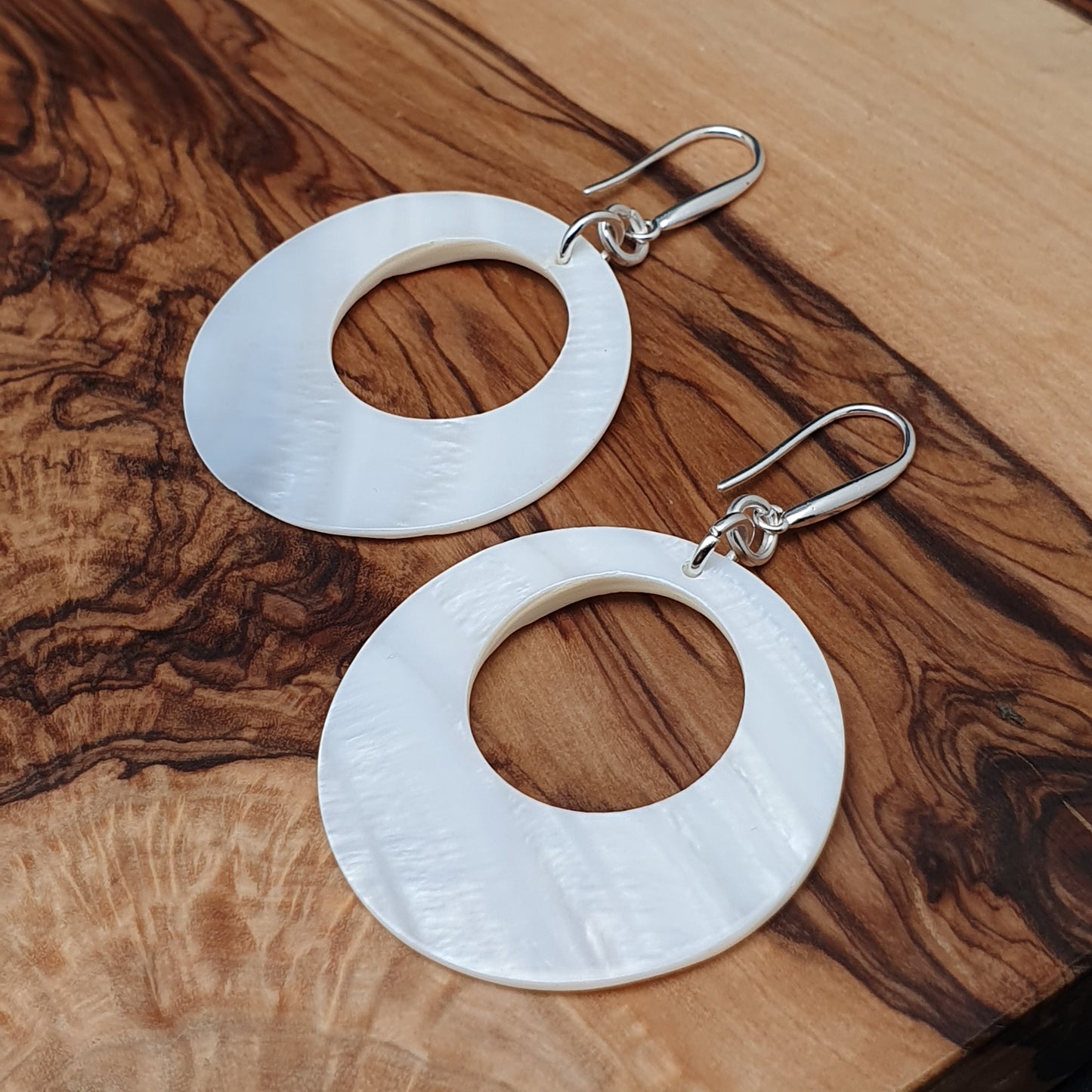 White Mother Of Pearl Hoop Earrings Long Dangle Drop