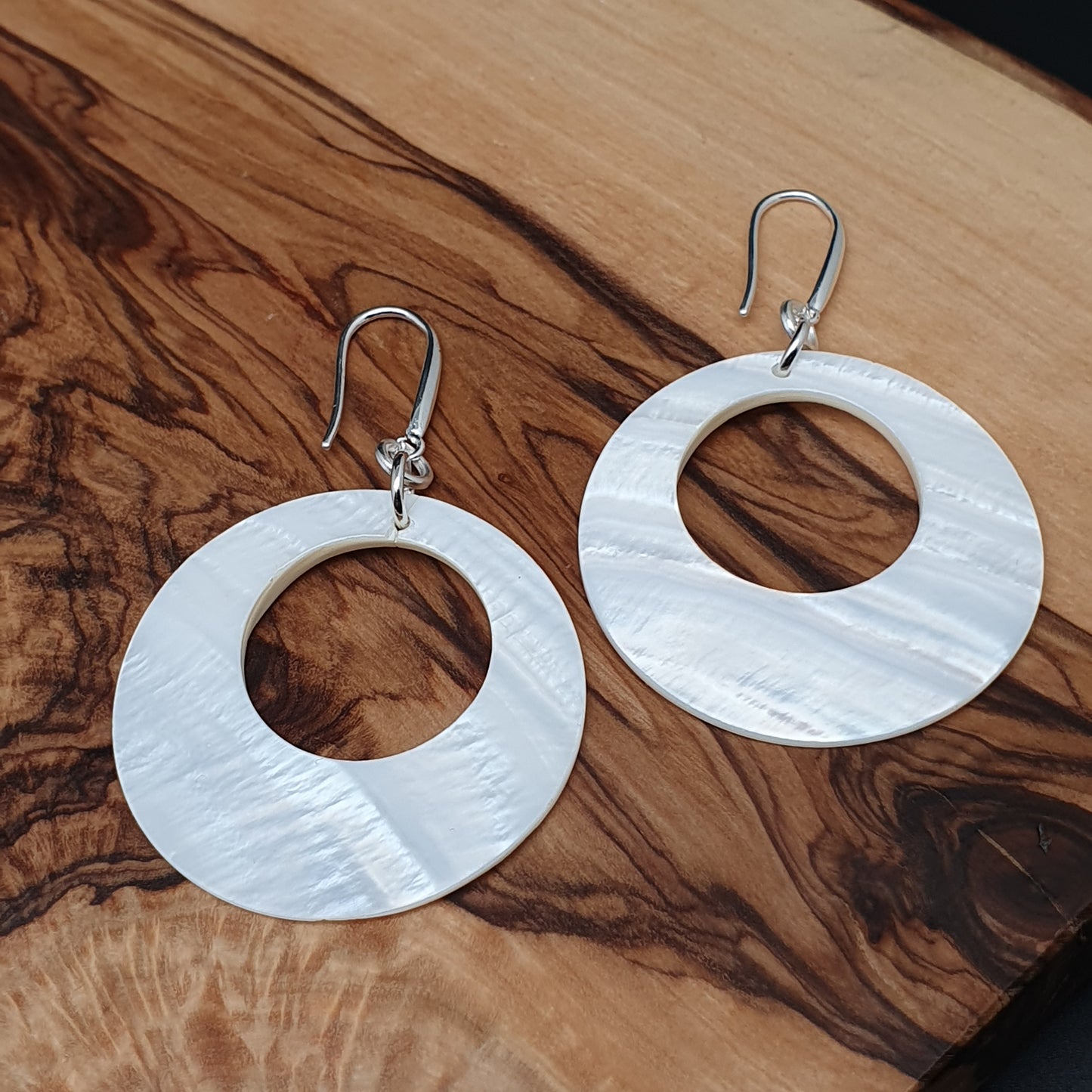 White Mother Of Pearl Hoop Earrings Long Dangle Drop