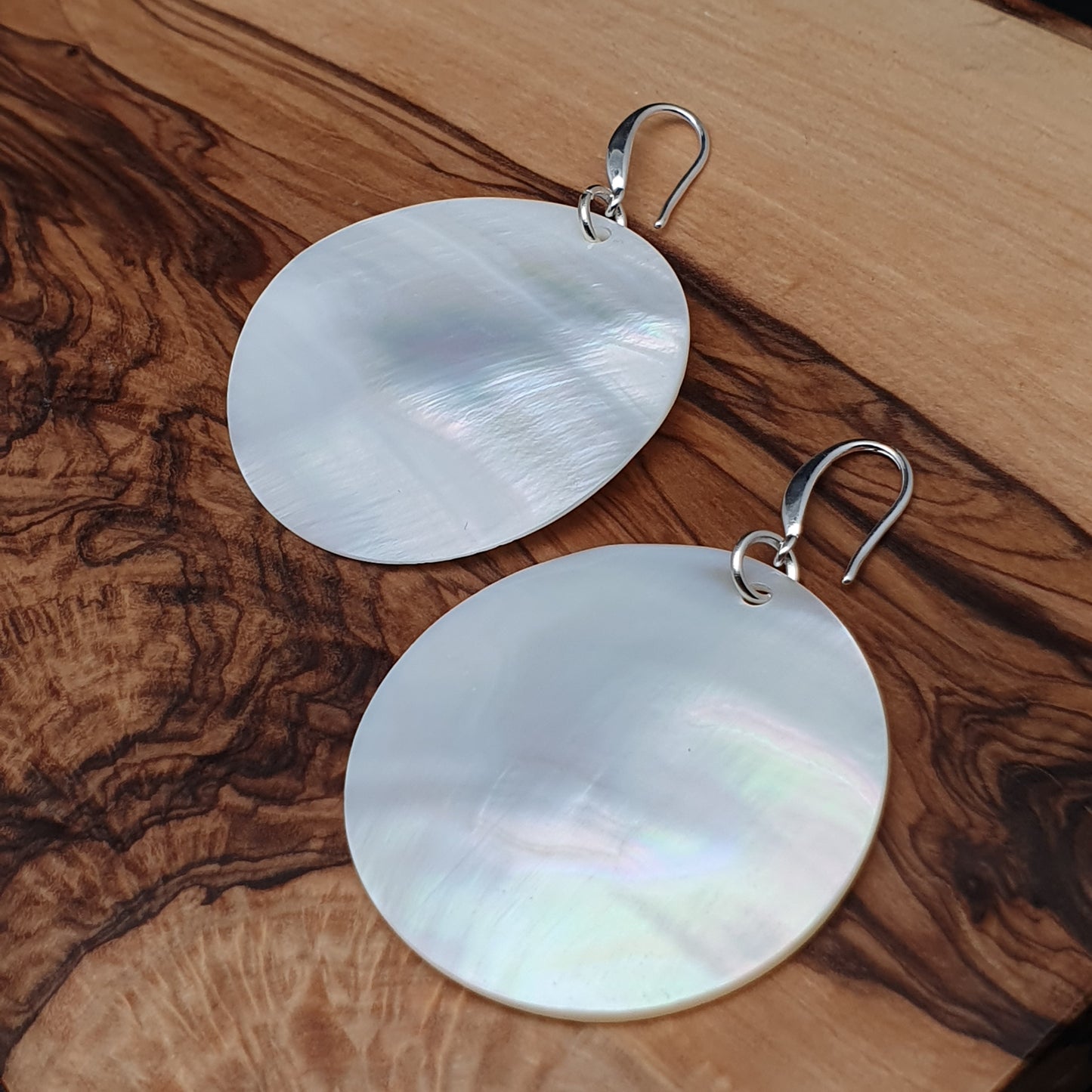 White Mother Of Pearl Large Disc Earrings Long Dangle Drop Round Sea Shell