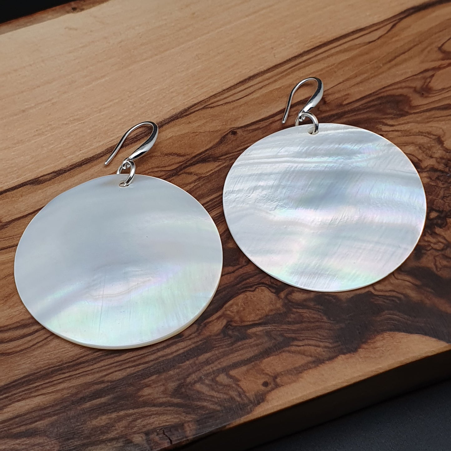 White Mother Of Pearl Large Disc Earrings Long Dangle Drop Round Sea Shell