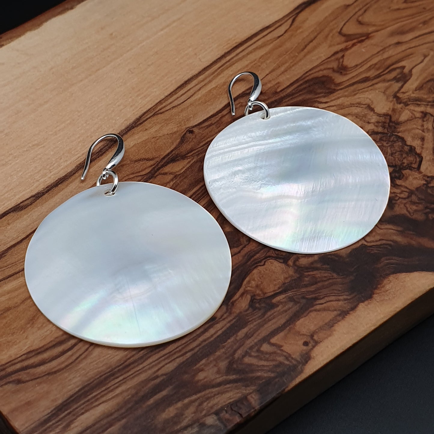 White Mother Of Pearl Large Disc Earrings Long Dangle Drop Round Sea Shell