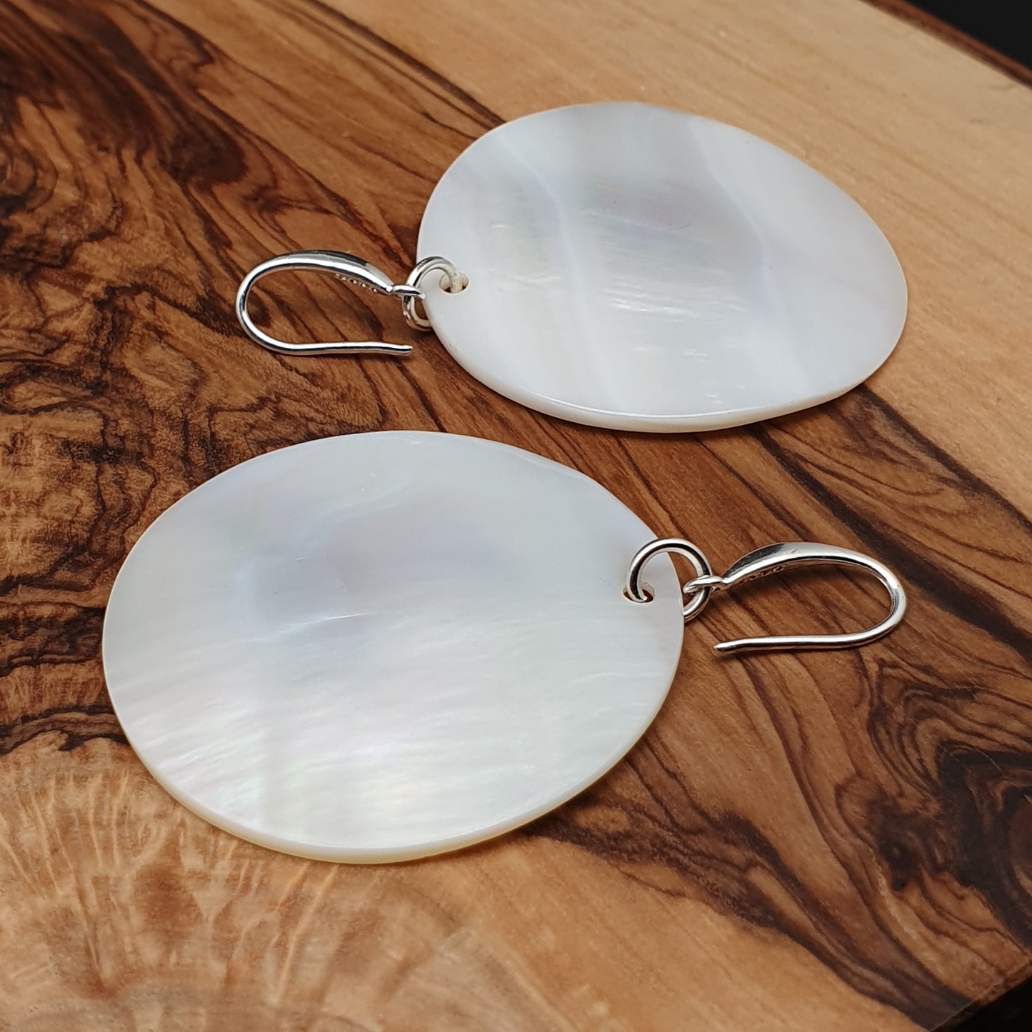 White Mother Of Pearl Large Disc Earrings Long Dangle Drop Round Sea Shell