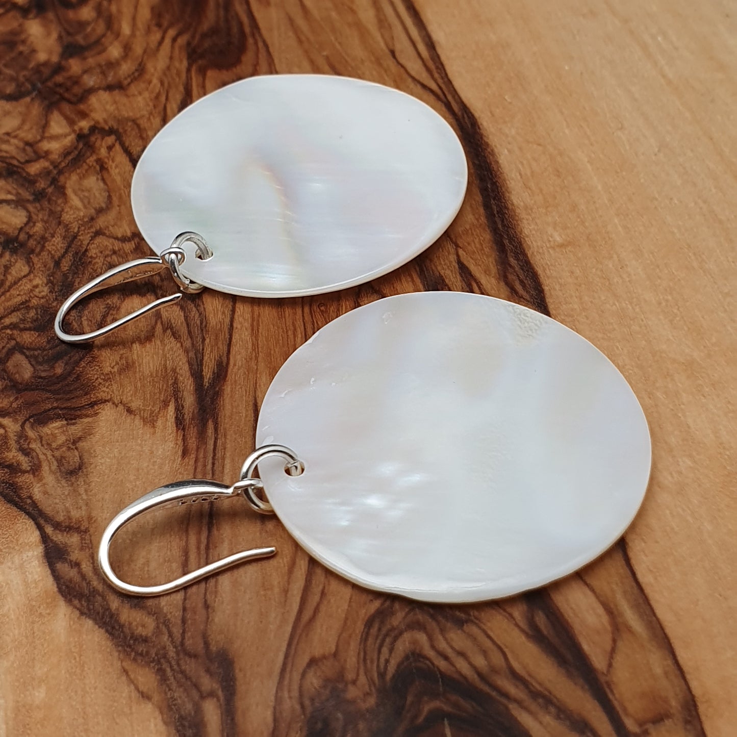 White Mother Of Pearl Large Disc Earrings Long Dangle Drop Round Sea Shell