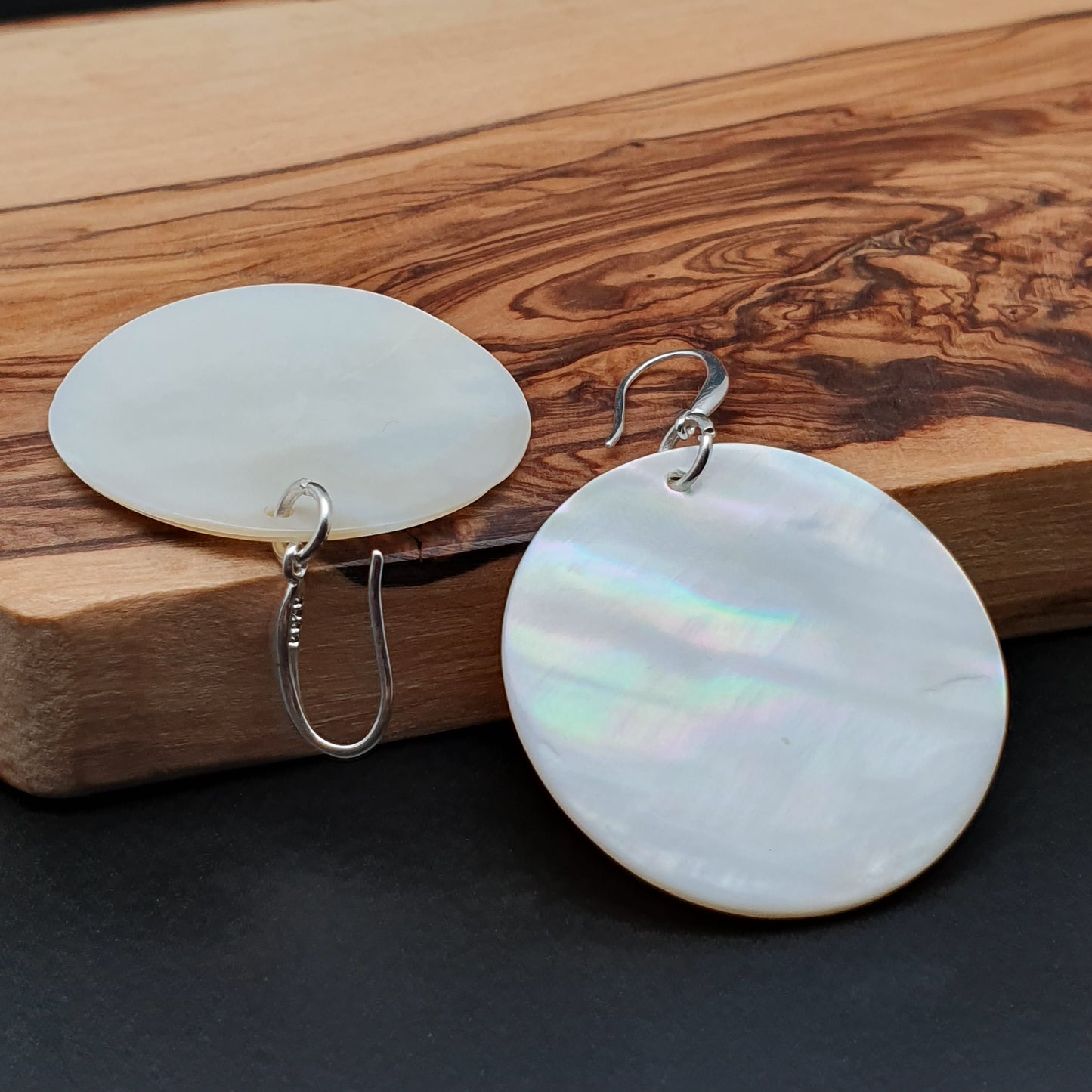 White Mother Of Pearl Large Disc Earrings Long Dangle Drop Round Sea Shell