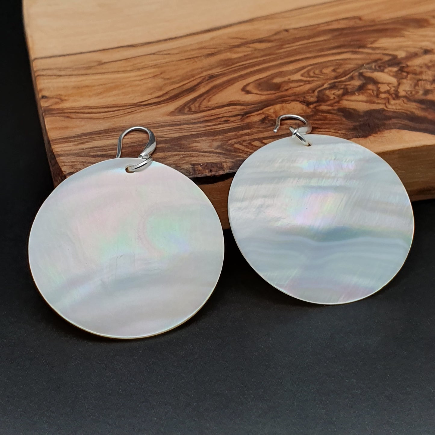 White Mother Of Pearl Large Disc Earrings Long Dangle Drop Round Sea Shell