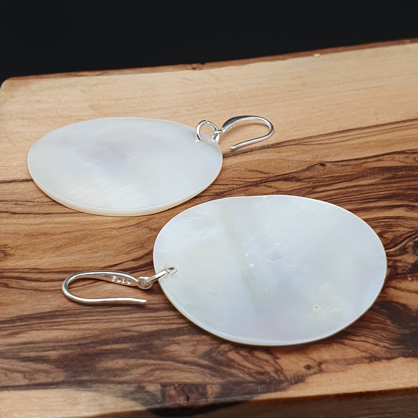 White Mother Of Pearl Large Disc Earrings Long Dangle Drop Round Sea Shell