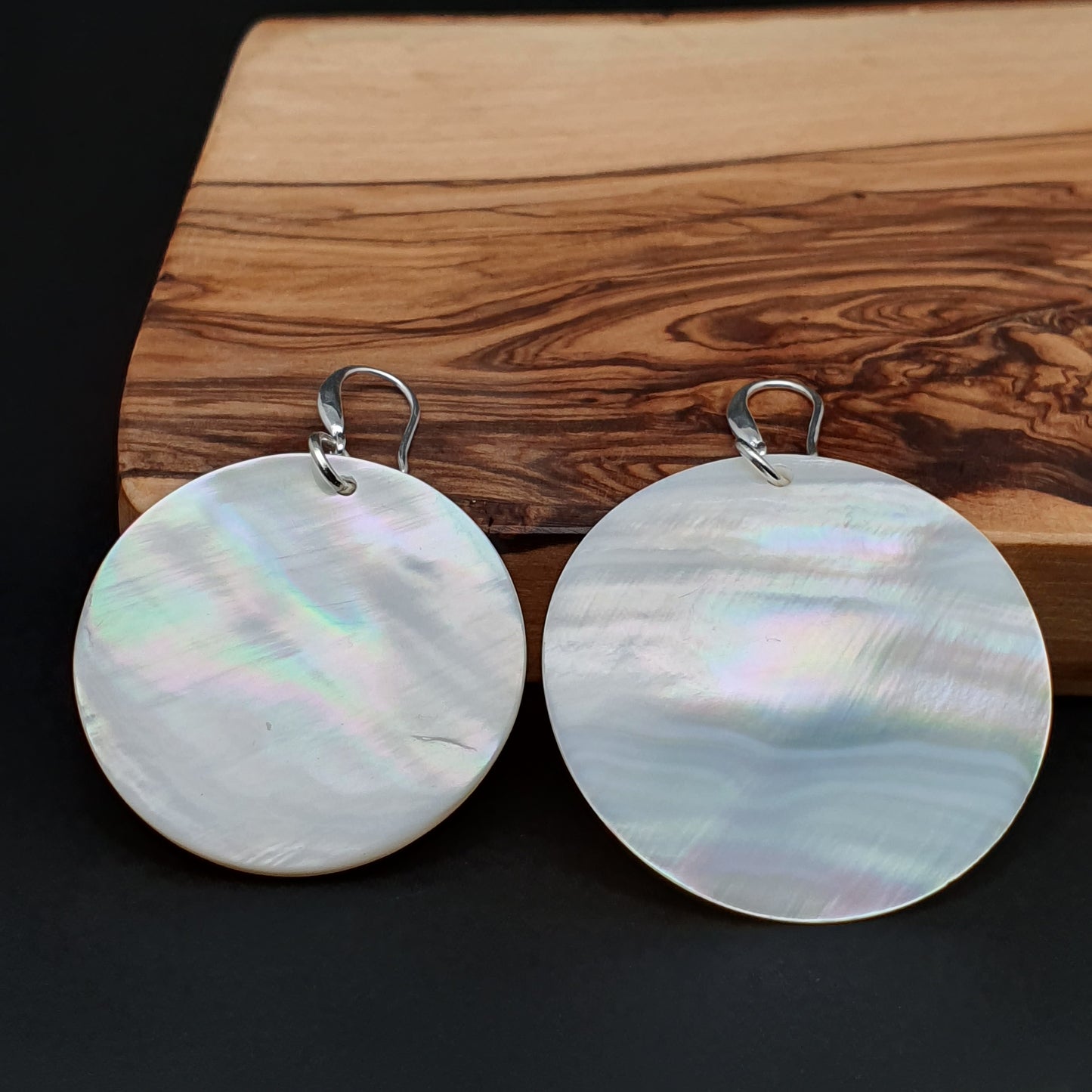 White Mother Of Pearl Large Disc Earrings Long Dangle Drop Round Sea Shell