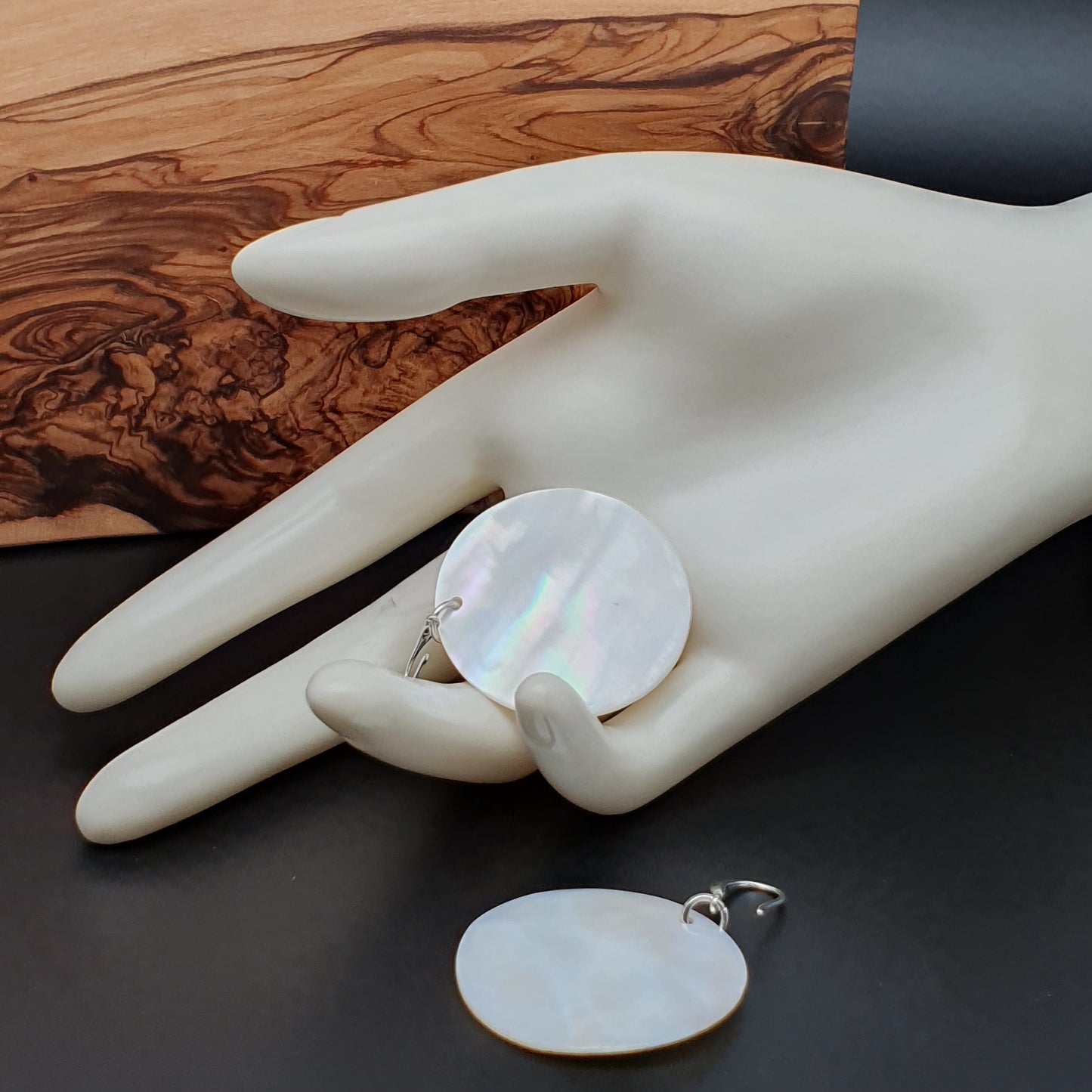 White Mother Of Pearl Large Disc Earrings Long Dangle Drop Round Sea Shell