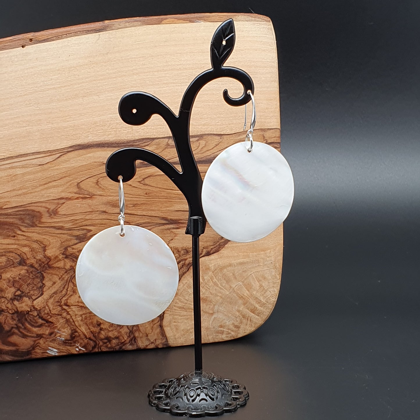 White Mother Of Pearl Large Disc Earrings Long Dangle Drop Round Sea Shell