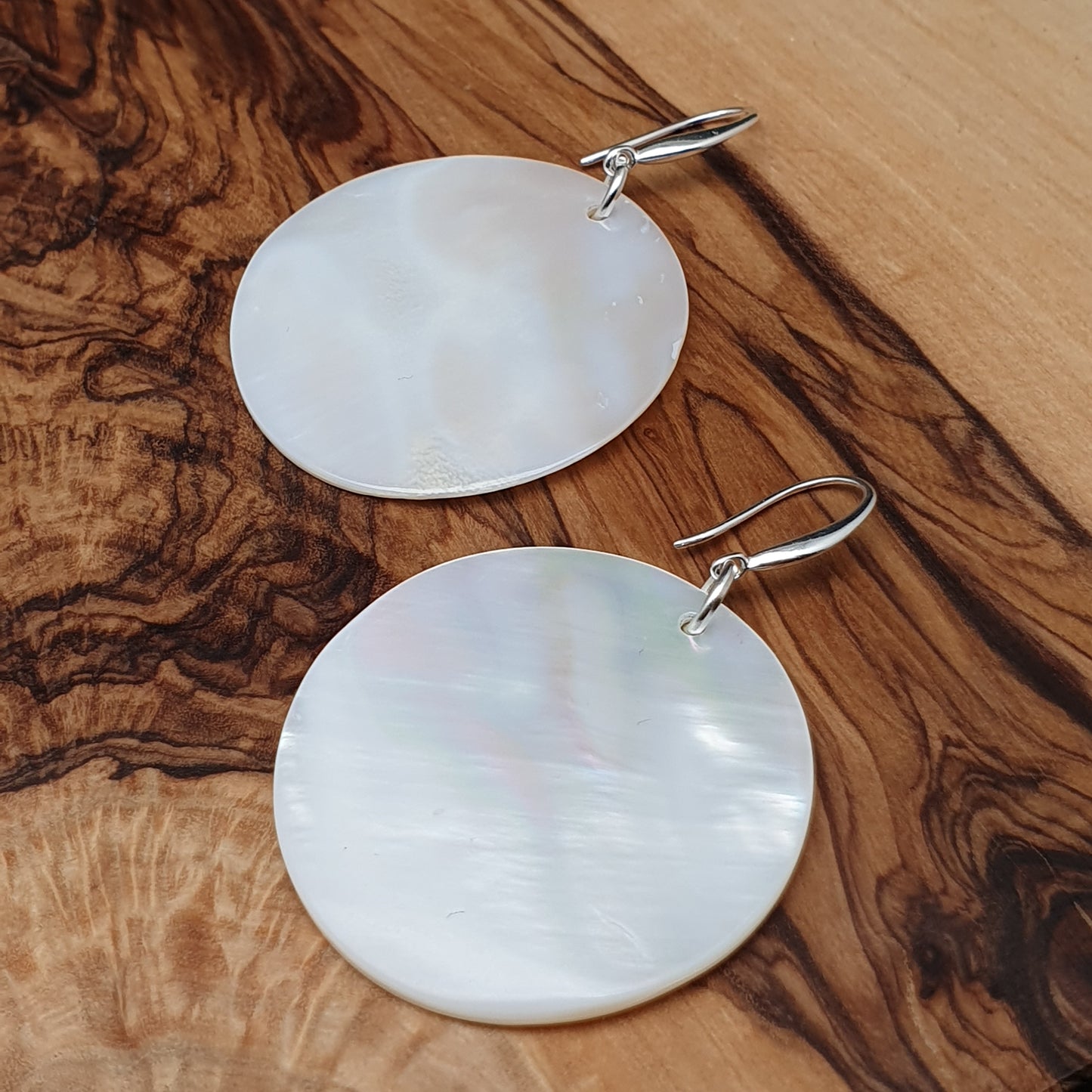 White Mother Of Pearl Large Disc Earrings Long Dangle Drop Round Sea Shell