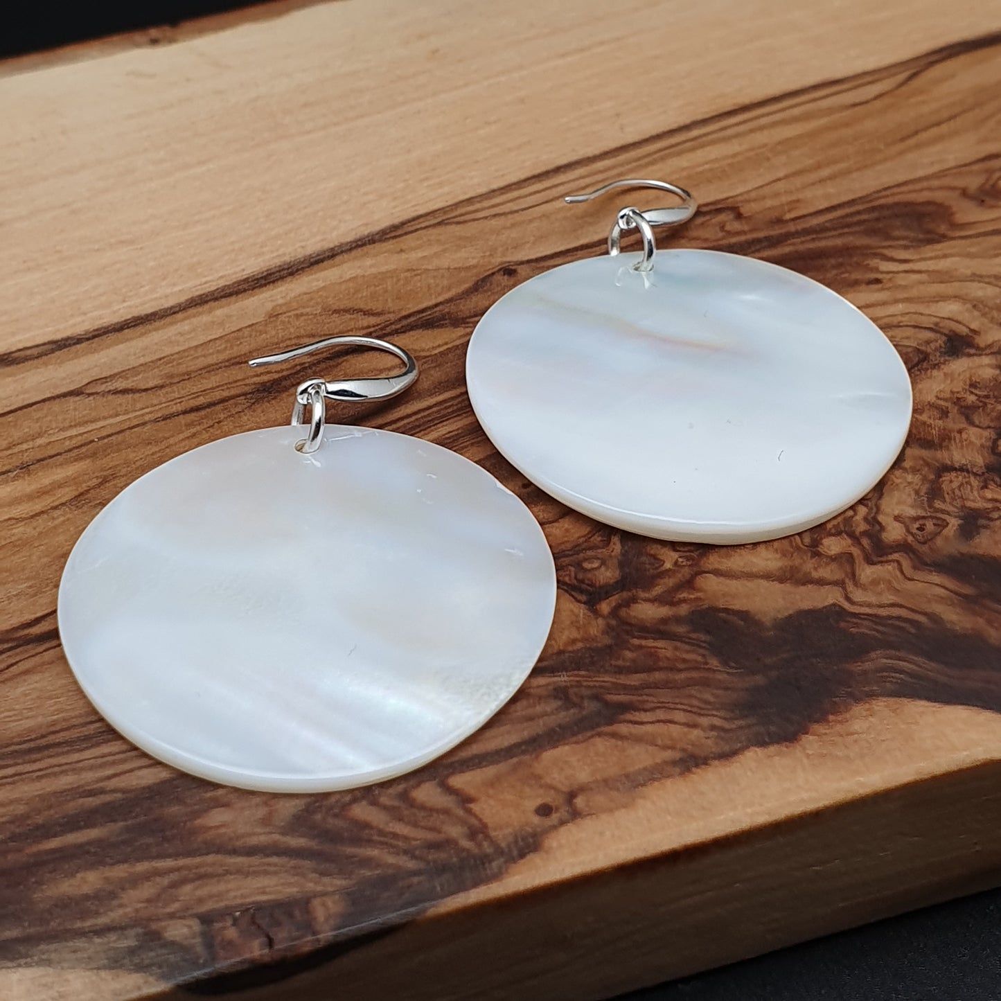 White Mother Of Pearl Large Disc Earrings Long Dangle Drop Round Sea Shell