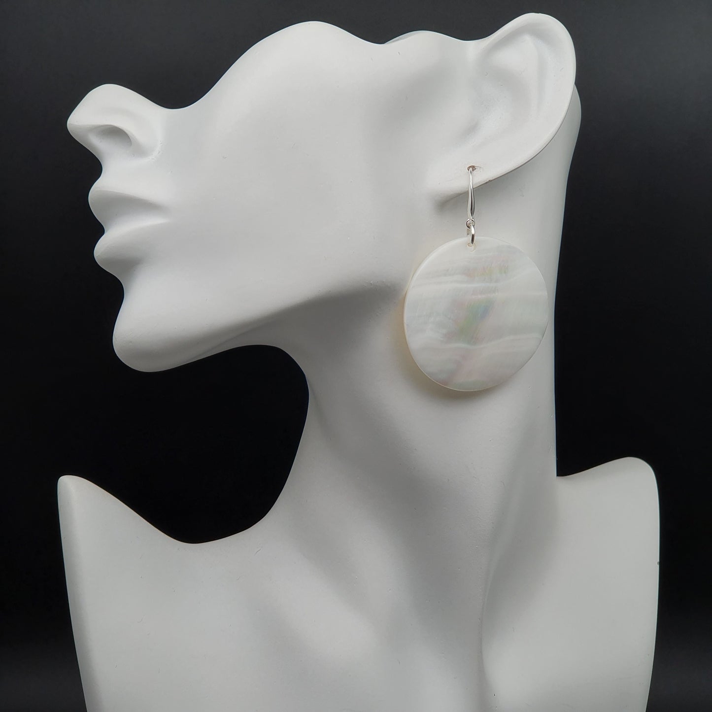 White Mother Of Pearl Large Disc Earrings Long Dangle Drop Round Sea Shell