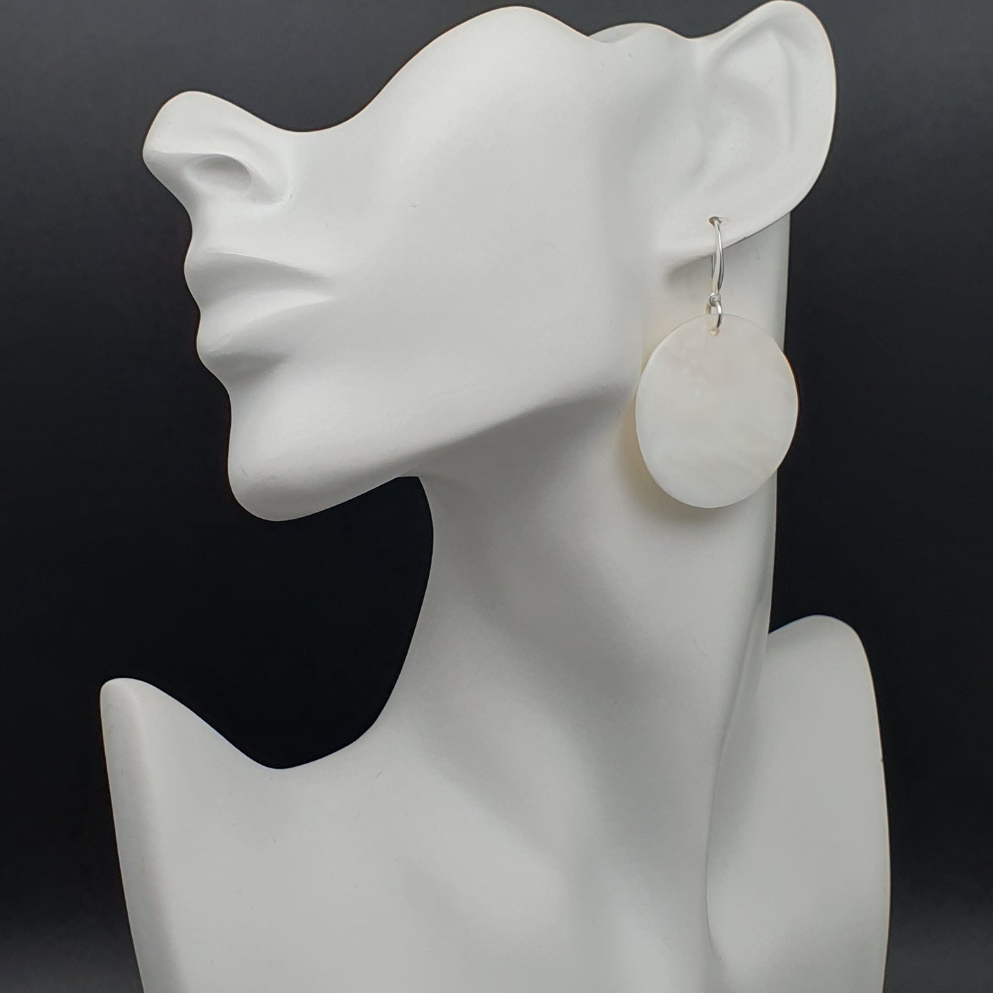 White Mother Of Pearl Large Disc Earrings Long Dangle Drop Round Sea Shell