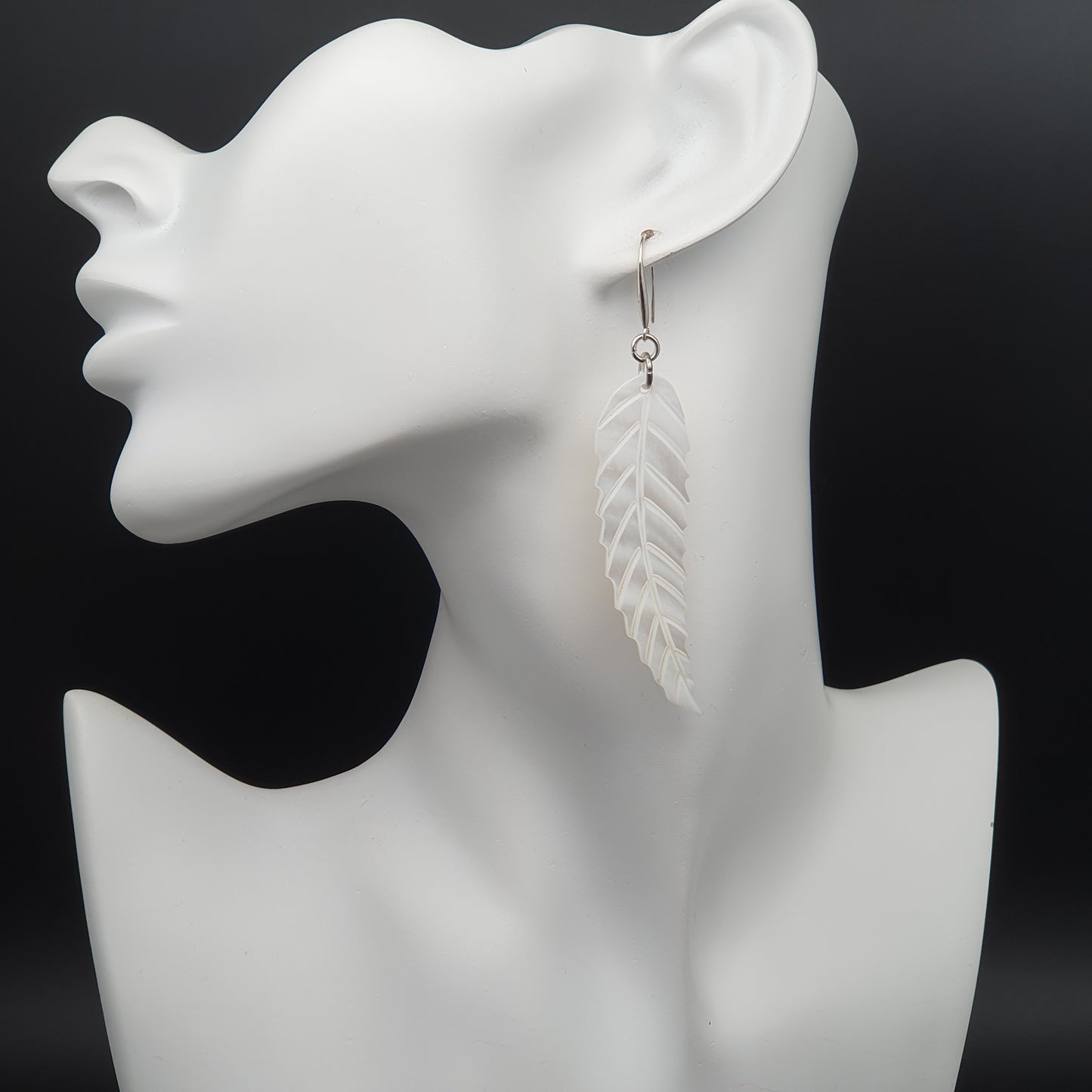 Long White Leaf Shell Earrings Carved Natural Mother of Pearl