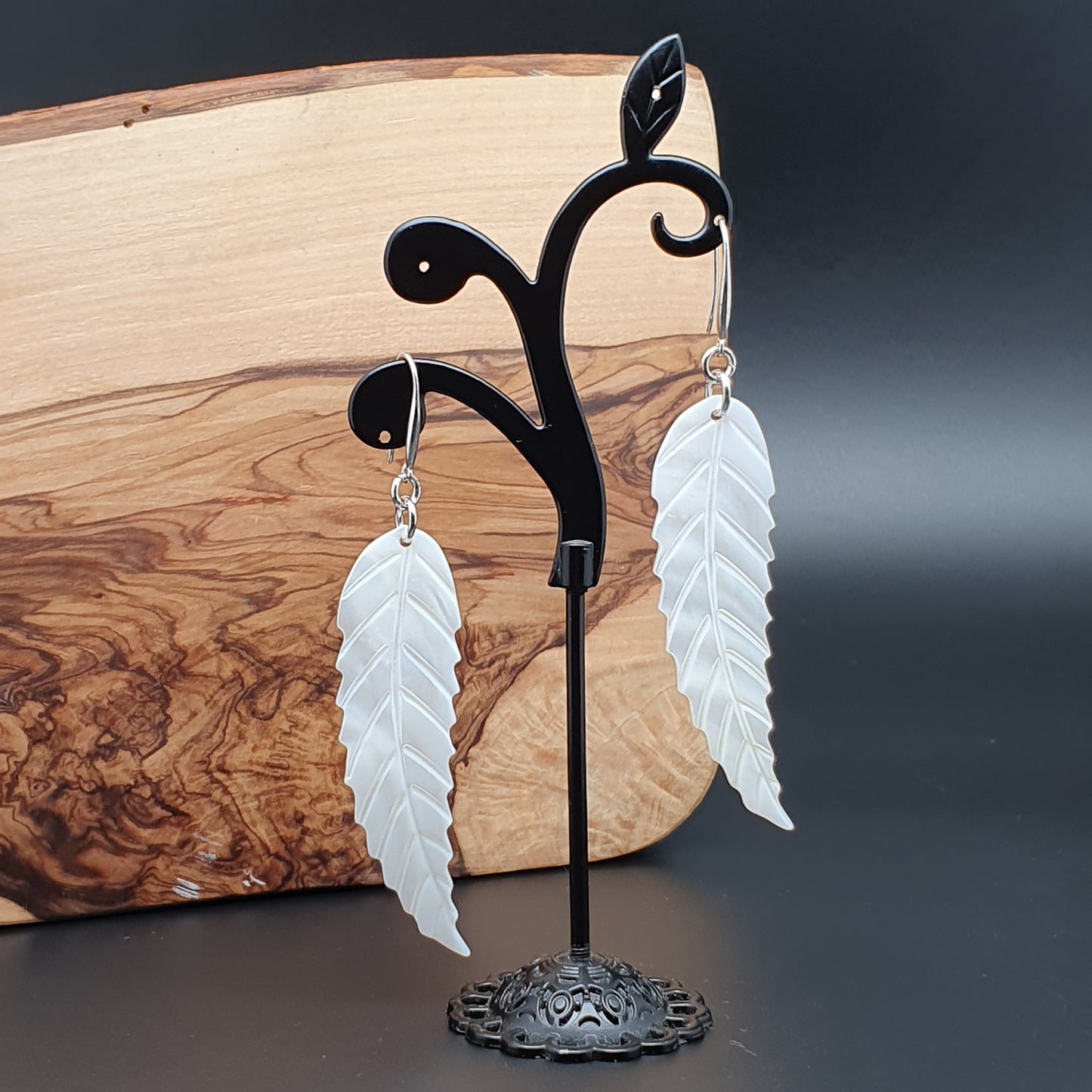 Long White Leaf Shell Earrings Carved Natural Mother of Pearl