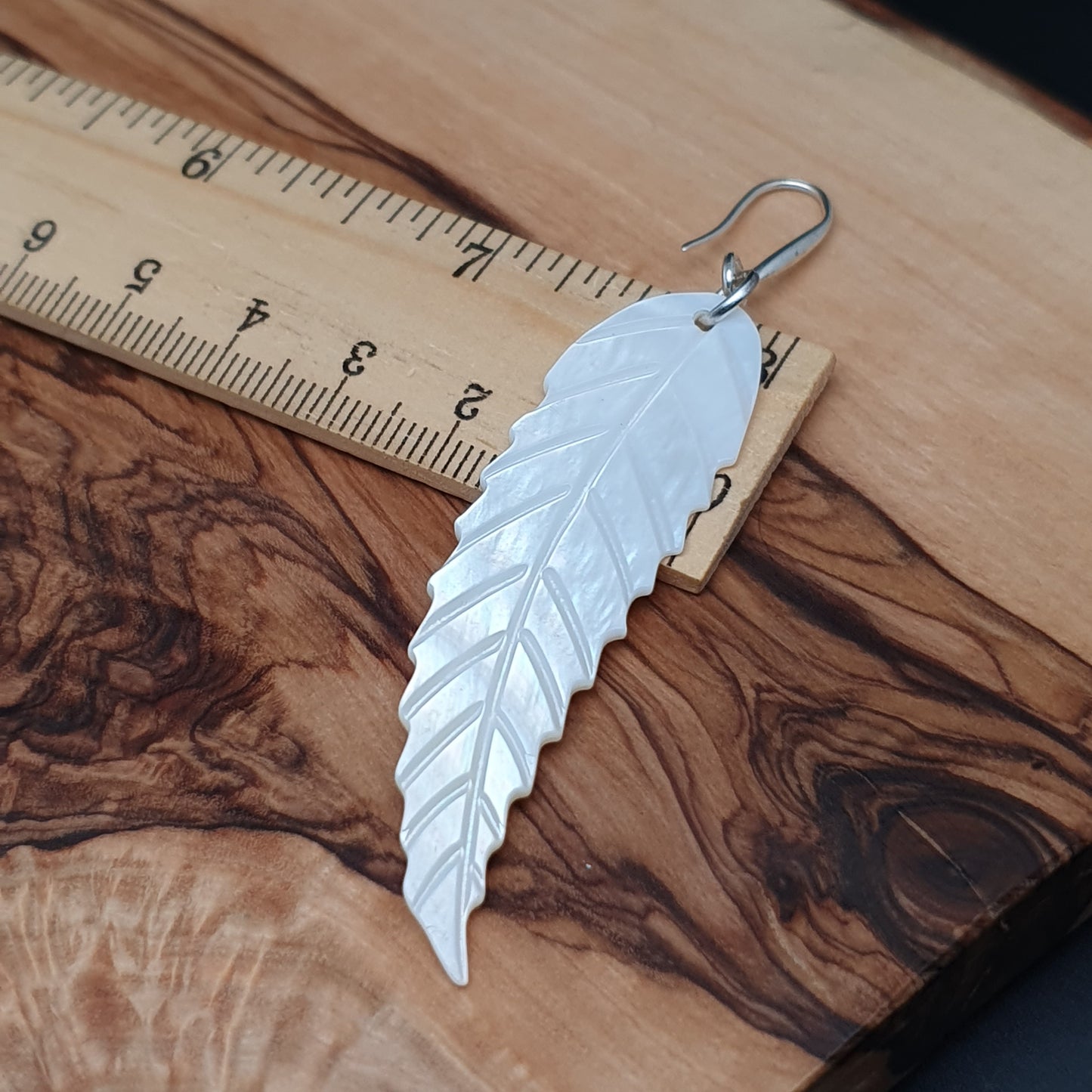 Long White Leaf Shell Earrings Carved Natural Mother of Pearl